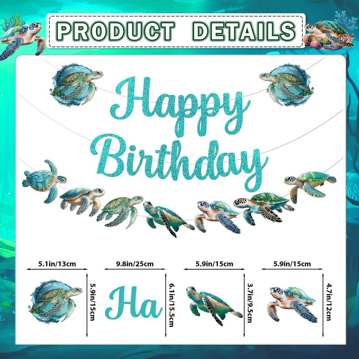 Sea Turtle Birthday Banner with Garland Hanging Swirls, Turtle Birthday Decorations for Ocean Themed Party