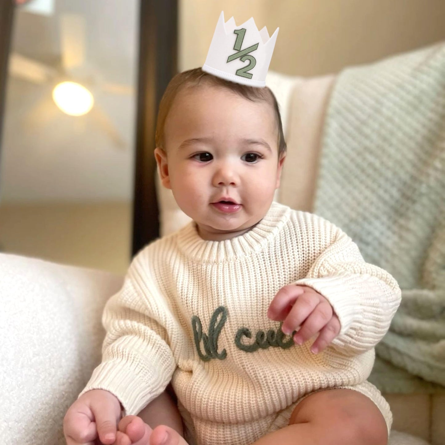 HIKLO Half Birthday Crown - 6 Months Crown Hat for Baby Boy/Girl, 1/2 Birthday Cake Smash Photo Props, Half Way Outfits for Baby (Green Half Birthday
