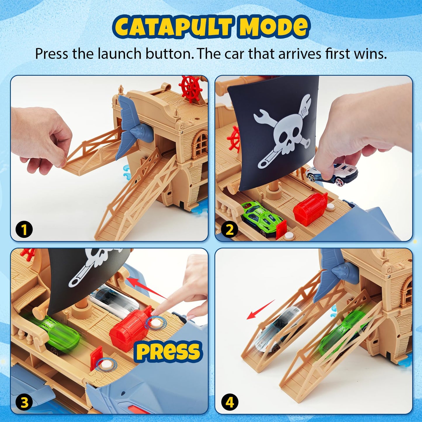 DUKVSG Shark Pirate Ship Toy Car Playset with Biting Jaws, 8 Race Cars, Launching Anchor and Turret, Great Play Shark Corsair & Race Cars, Birthday