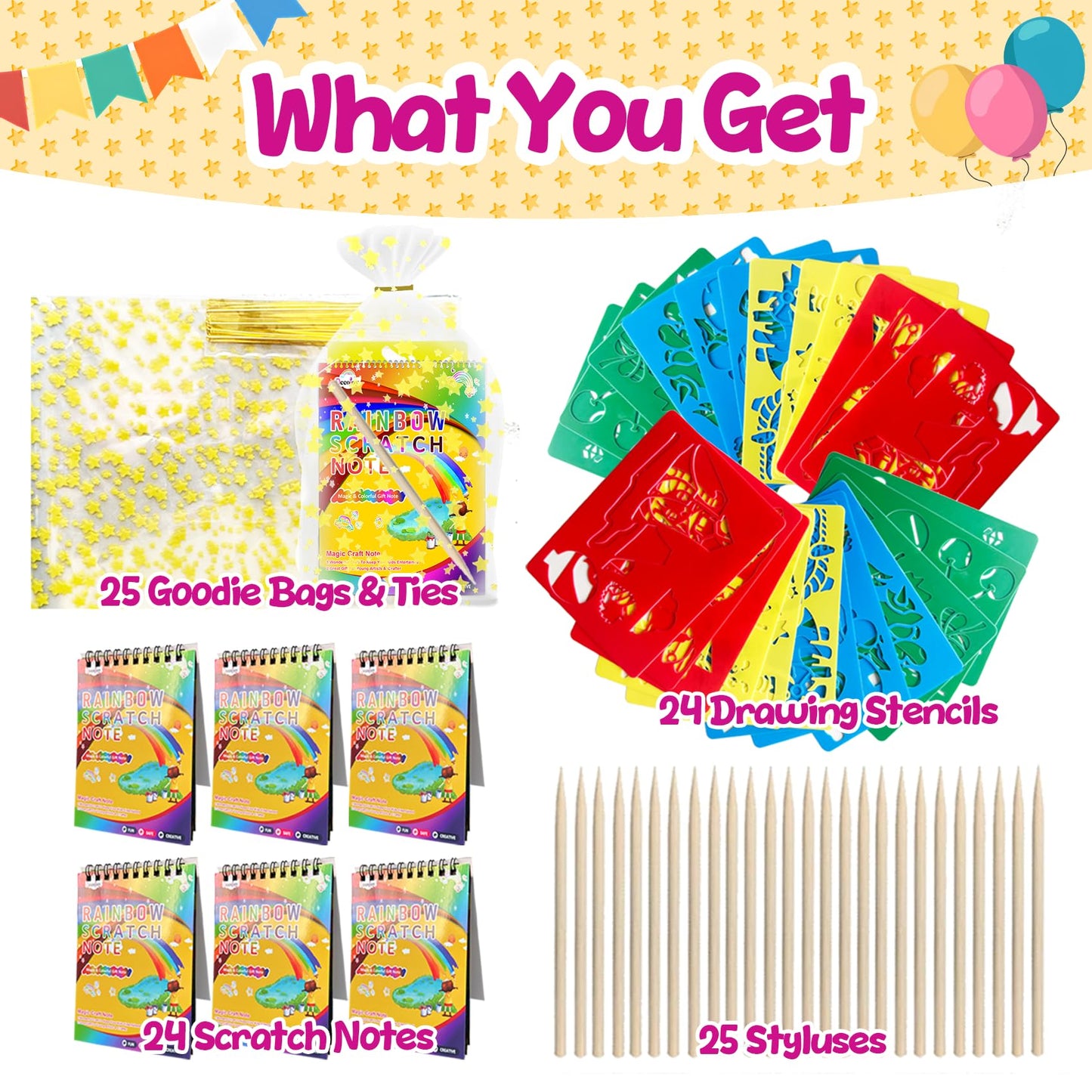 Decojoy Party Favors for Kids 4-8, Scratch Art Birthday Return Gifts, Bulk Rainbow Scratch Paper Notebook 24 Set with Reusable Stencils, Christmas