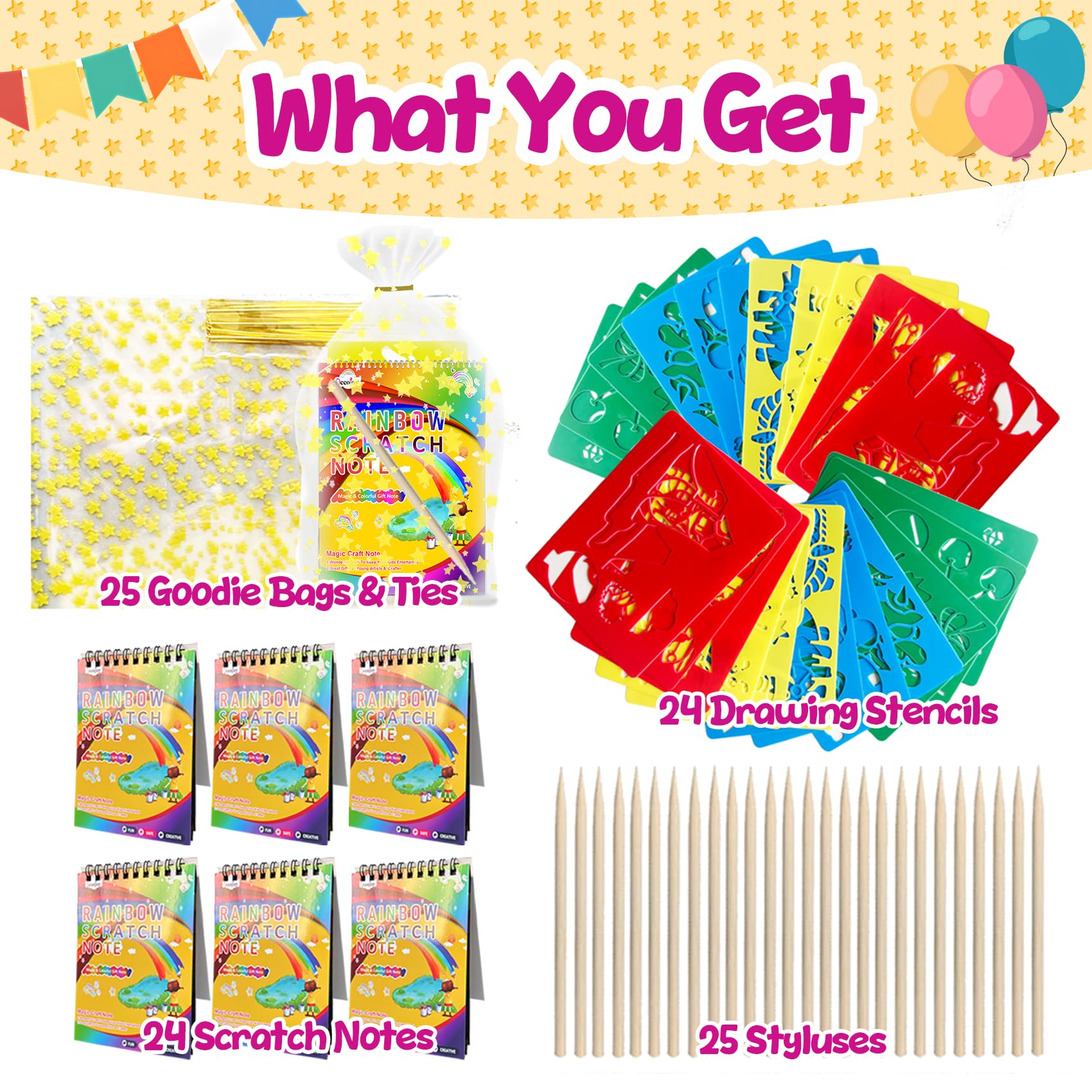 Decojoy Party Favors for Kids 4-8, Scratch Art Birthday Return Gifts, Bulk Rainbow Scratch Paper Notebook 24 Set with Reusable Stencils, Christmas