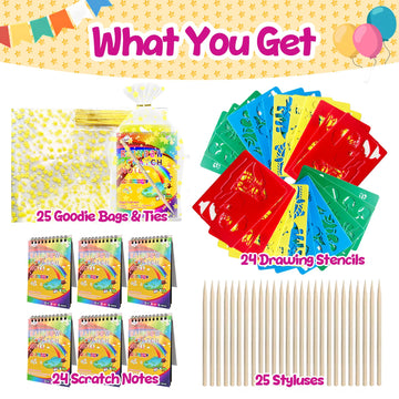 Decojoy Party Favors for Kids 4-8, Scratch Art Birthday Return Gifts, Bulk Rainbow Scratch Paper Notebook 24 Set with Reusable Stencils, Christmas