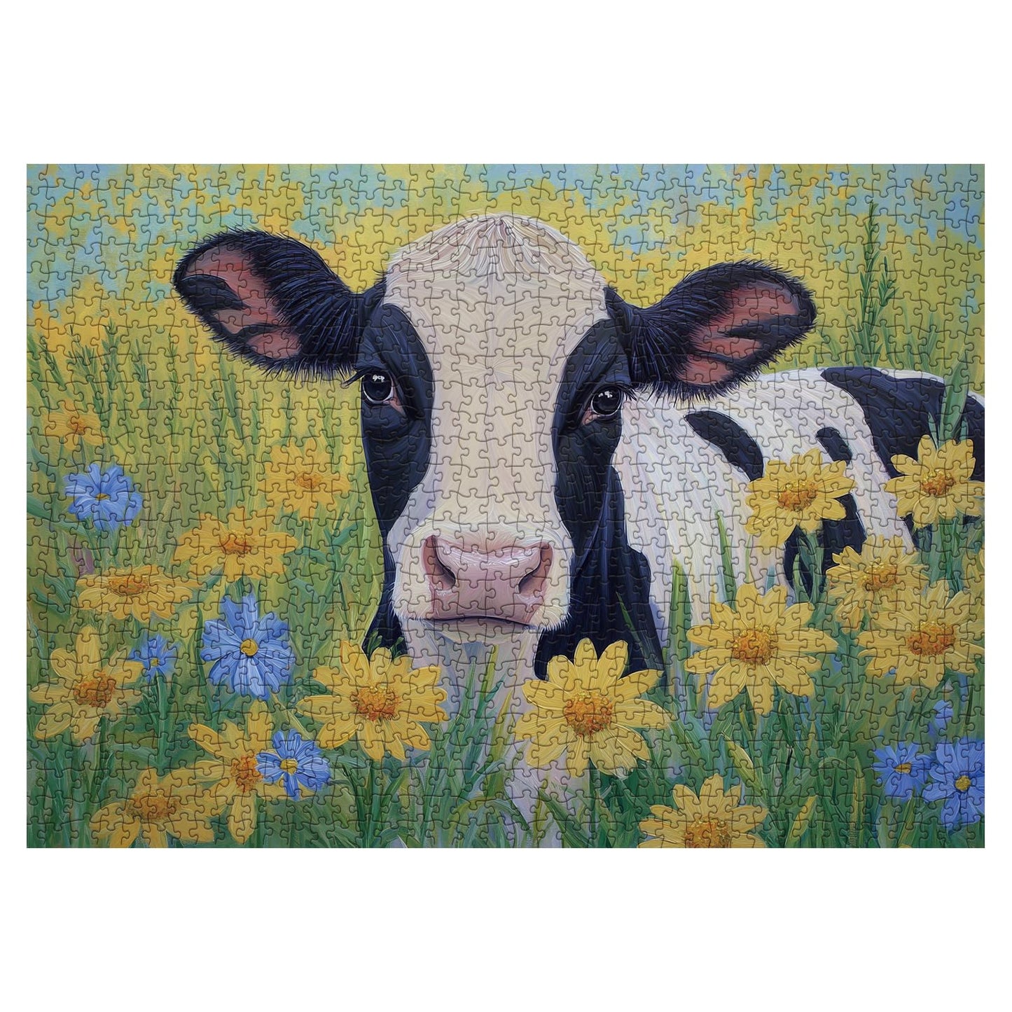 Larkipuzz Sunflower Cow Painting Jigsaw Puzzle 1000 Piece for Adult, Animal Flower Plant Nature Jigsaw Puzzles, Funny Art Beautiful Landscape Puzzle