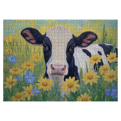 Larkipuzz Sunflower Cow Painting Jigsaw Puzzle 1000 Piece for Adult, Animal Flower Plant Nature Jigsaw Puzzles, Funny Art Beautiful Landscape Puzzle