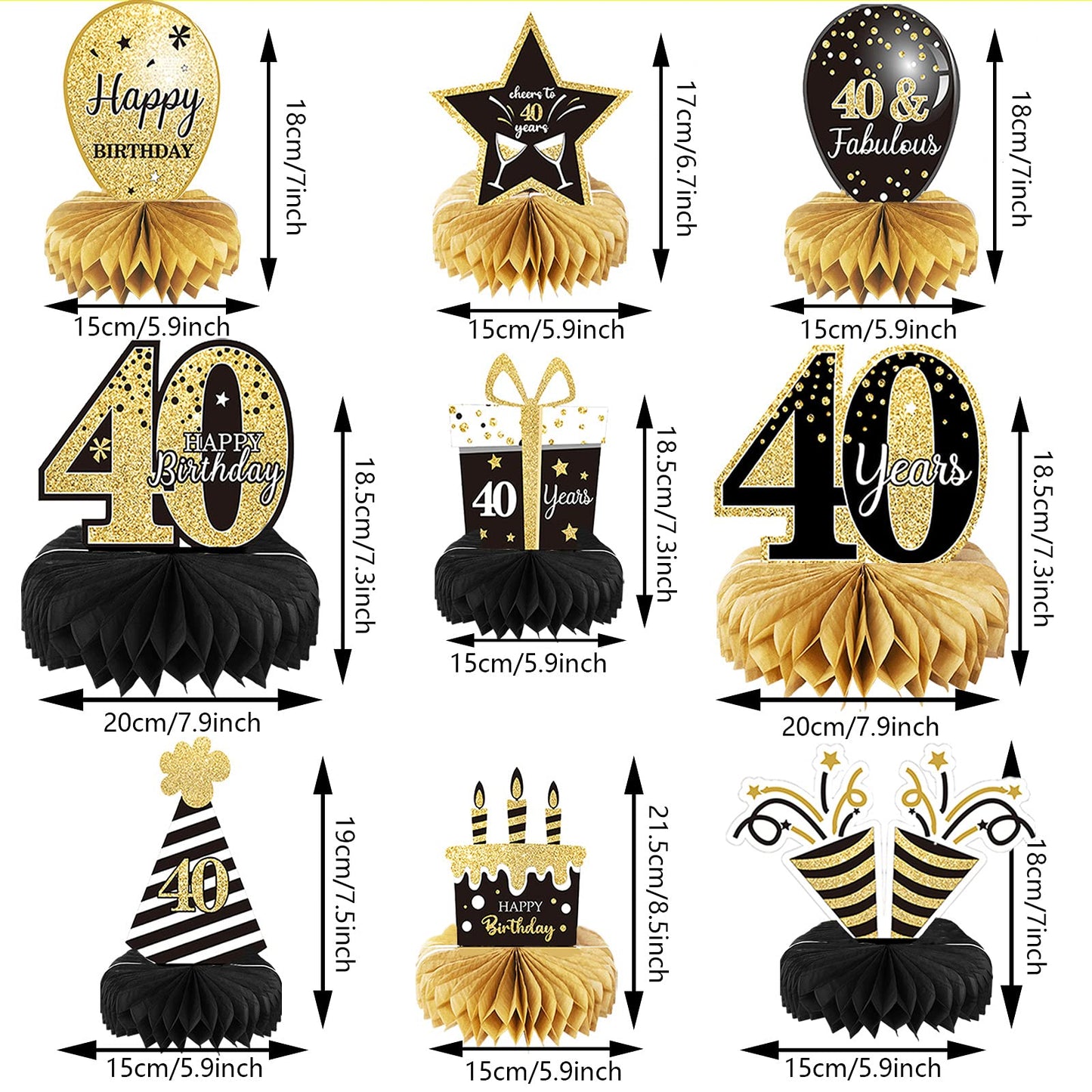 9 Pieces 40th Birthday Decoration 40 th Birthday Centerpieces for Tables Decorations Cheers to 40 Years Honeycomb Table Topper for Men and Women Forty