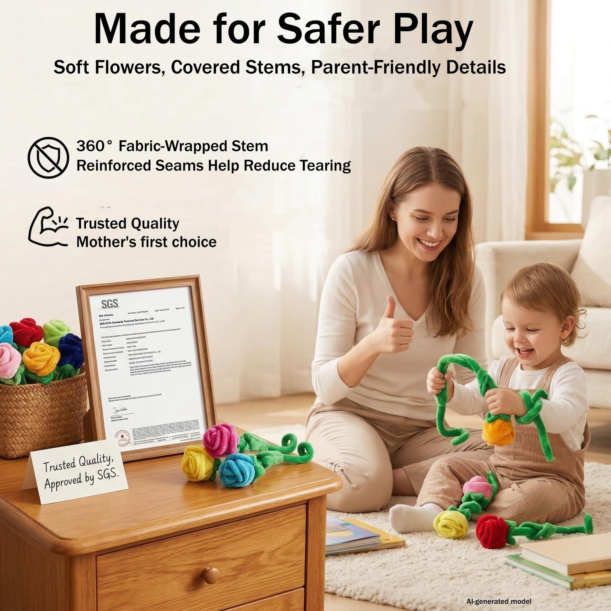Tplay Rose Flower Plush for Toddlers: Bendable 0-Poke Encased Stems - Safe Worry-Free Play Toy - 15lbs Tear-Resistant Stuffed Bouquet Girl Gift 2-5