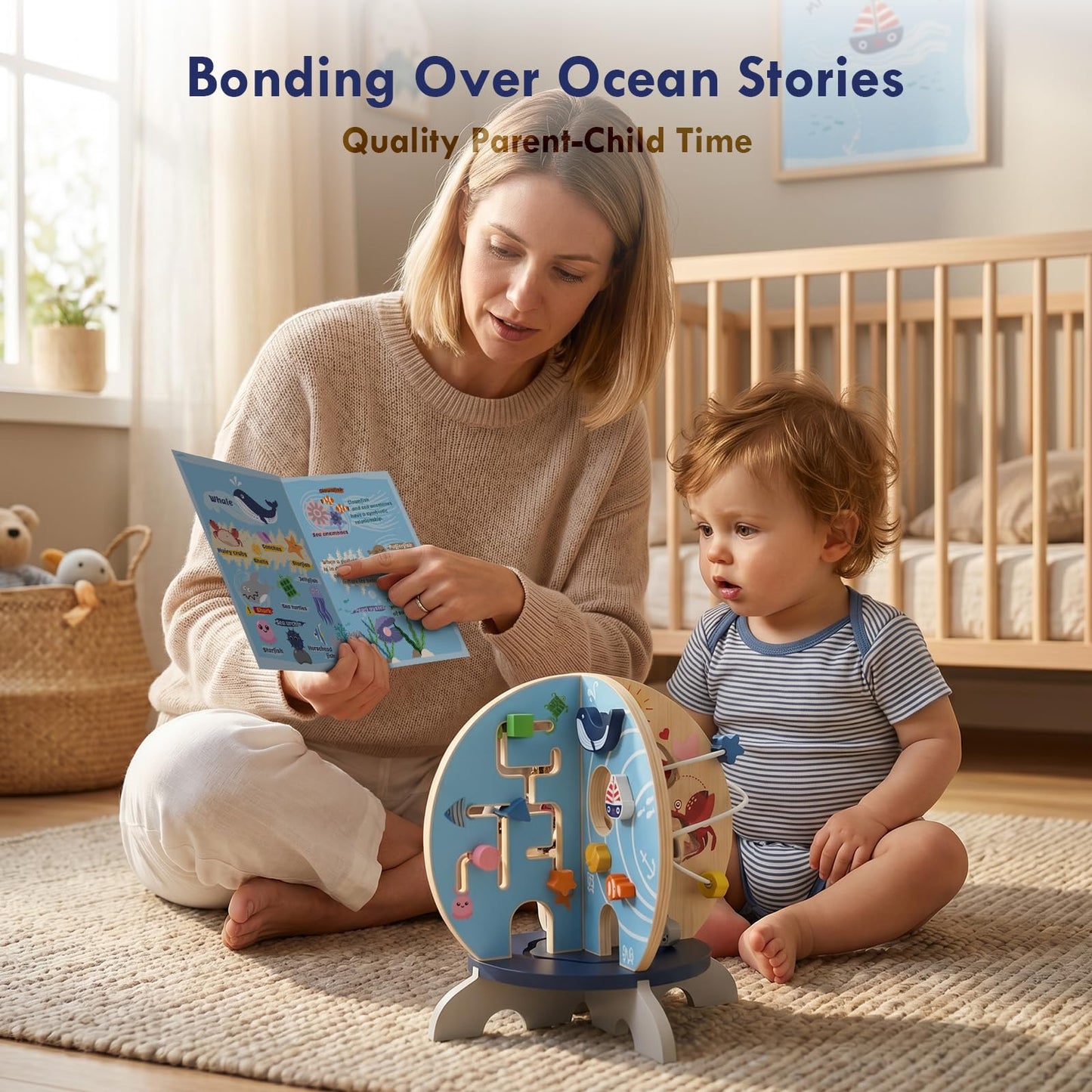 RRIBOUDWAN Wooden Ocean Activity Cube, Montessori Sensory Toy for 6-18 Months Toddlers, Birthday Gift for 1 Year Old Boys Girls
