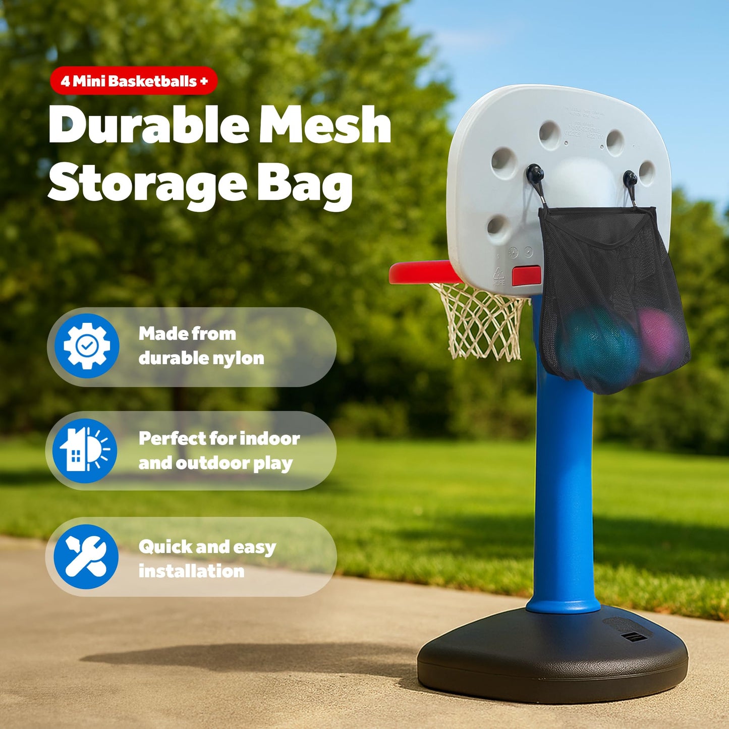 Set of 4 Mini Basketballs with Storage Net, Designed for Little Tikes Basketball Hoop (Backboard Mounted) Indoor/Outdoor Use for Kids, 7” Inflatable
