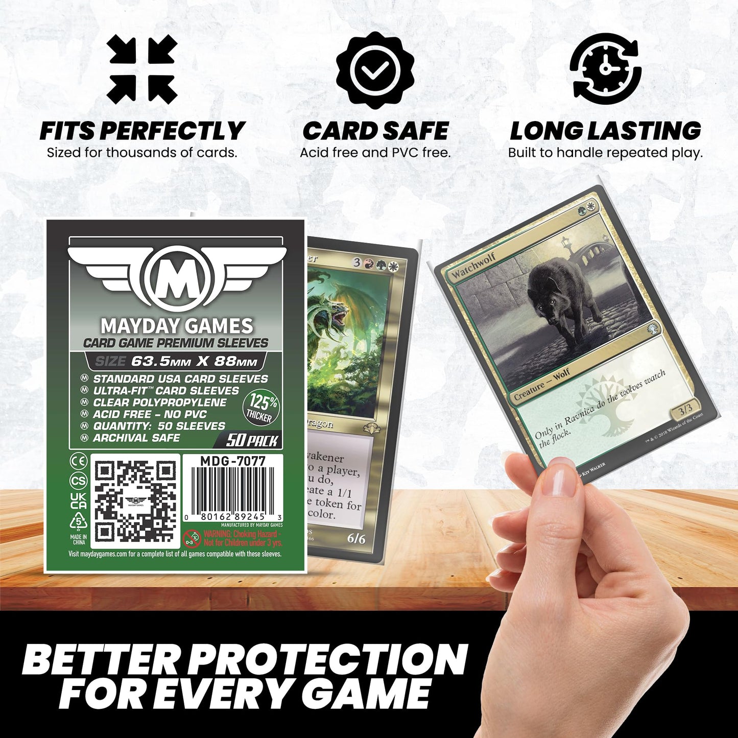 MayDay Games Premium Card Sleeves - 50 Count, Clear 90 Micron Thickness, Medium MTG Size (63.5 x 88 mm), Compatible with Magic: The Gathering & More