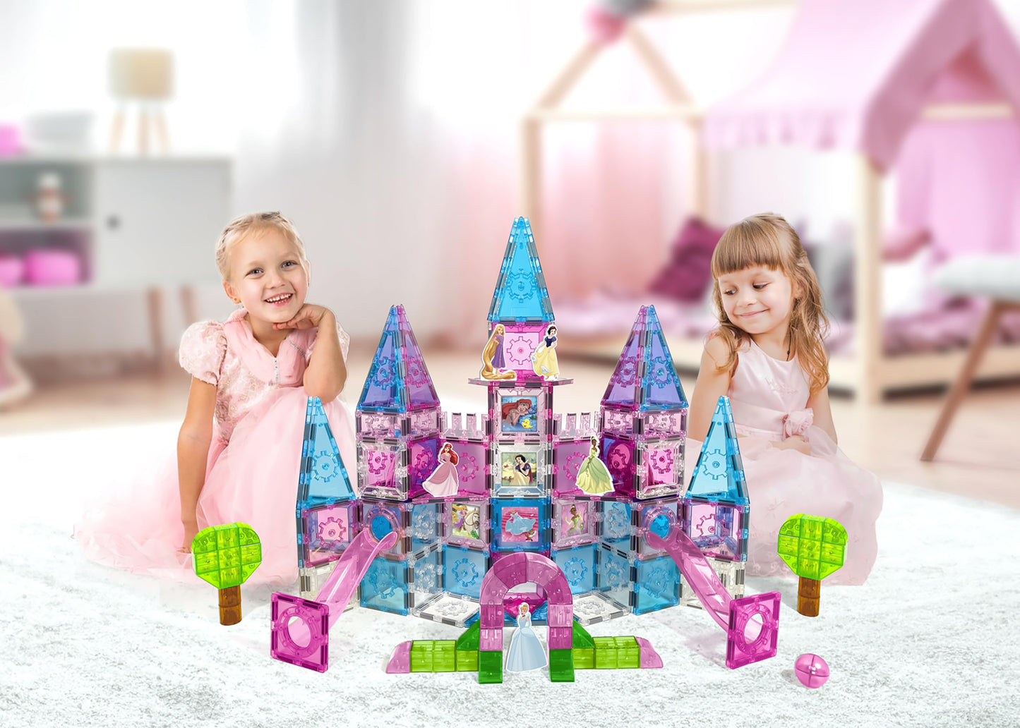 Disney Princess Toys Magnetic Tiles Castle Set - 172-Piece STEM Building Toy with Ariel, Moana, Snow White, Tiana & Rapunzel Characters, Marble Run