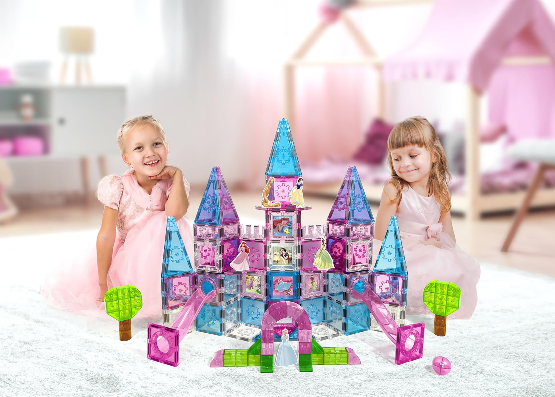 Disney Princess Toys Magnetic Tiles Castle Set - 172-Piece STEM Building Toy with Ariel, Moana, Snow White, Tiana & Rapunzel Characters, Marble Run