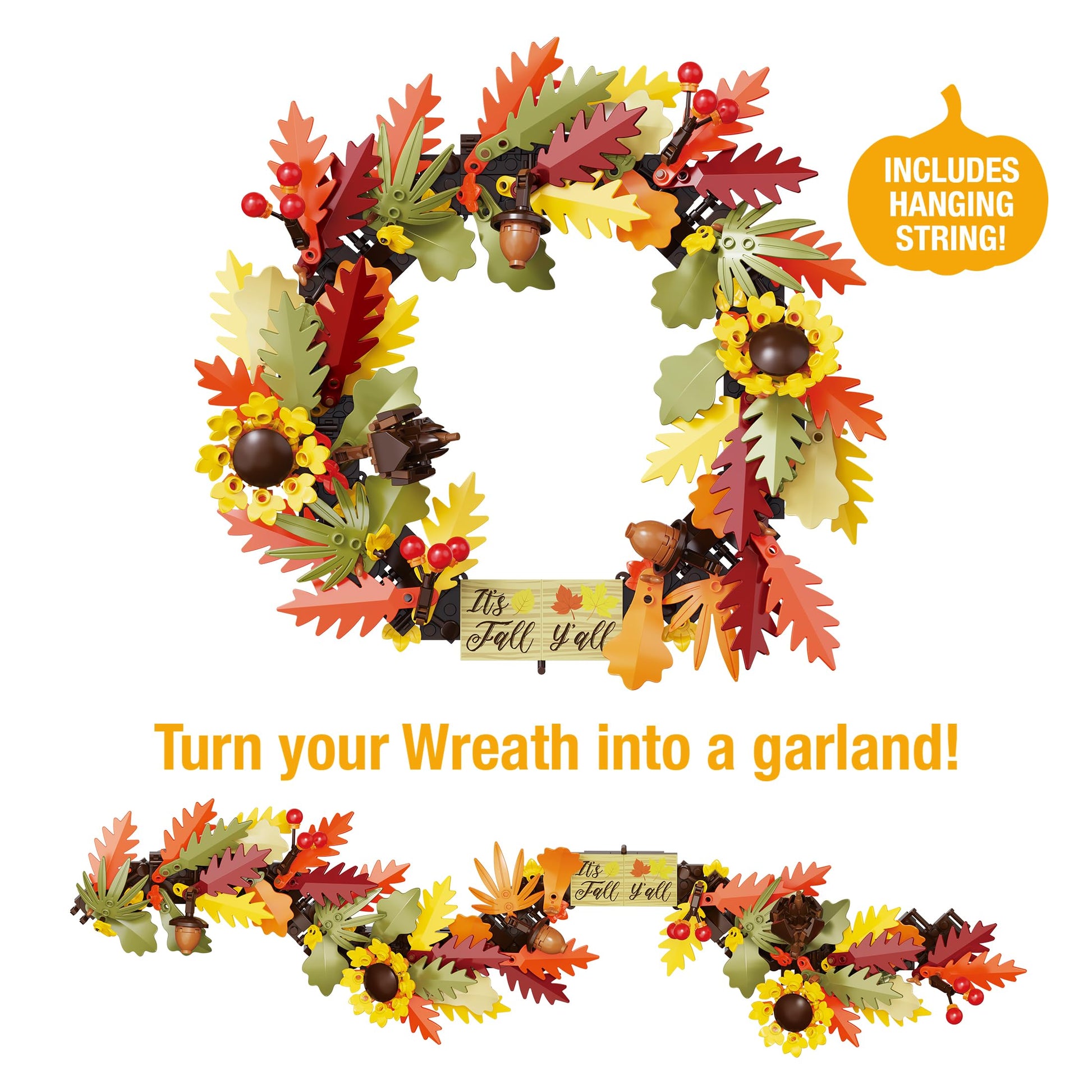 Brickcraft Harvest Wreath Brick Building Kit, 382 Pieces | DIY Autumn & Halloween Home Décor | 2-in-1 Fall Wreath & Garland Craft | Festive