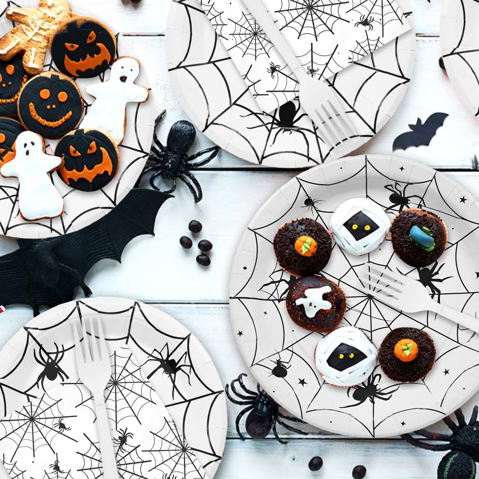 96 Pieces Halloween Spider Web Tableware Party Supplies - Disposable Dinnerware Set with Paper Plates, Napkins, and Forks for Spooky Halloween Party