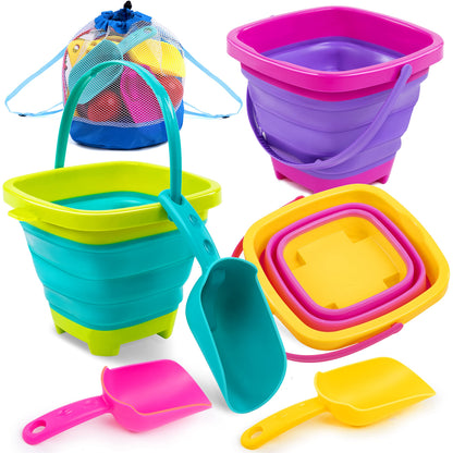 Sloosh 3 Packs Foldable Bucket - Collapsible Bucket with Sand Shovels and Mesh Backpack for Kids Toddlers Beach Toys, Easter Egg Hunt, Camping