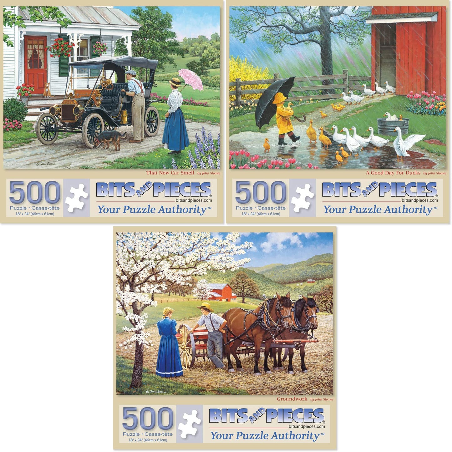Bits and Pieces - Value Set of Three 500 Piece Jigsaw Puzzles for Adults - That New Car Smell, A Good Day for Ducks, Groundwork Jigsaw Puzzles by