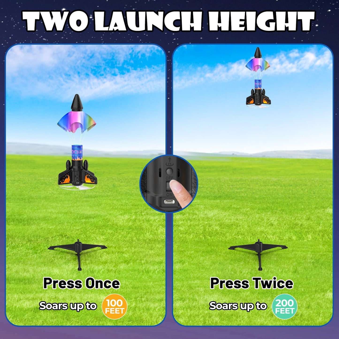 Ovaasy Rocket Launcher for Kids, 200 ft Self Launching Motorized Rocket Toy with LED and Safety Parachute Land, Outdoor Toys Cool Birthday for Boys
