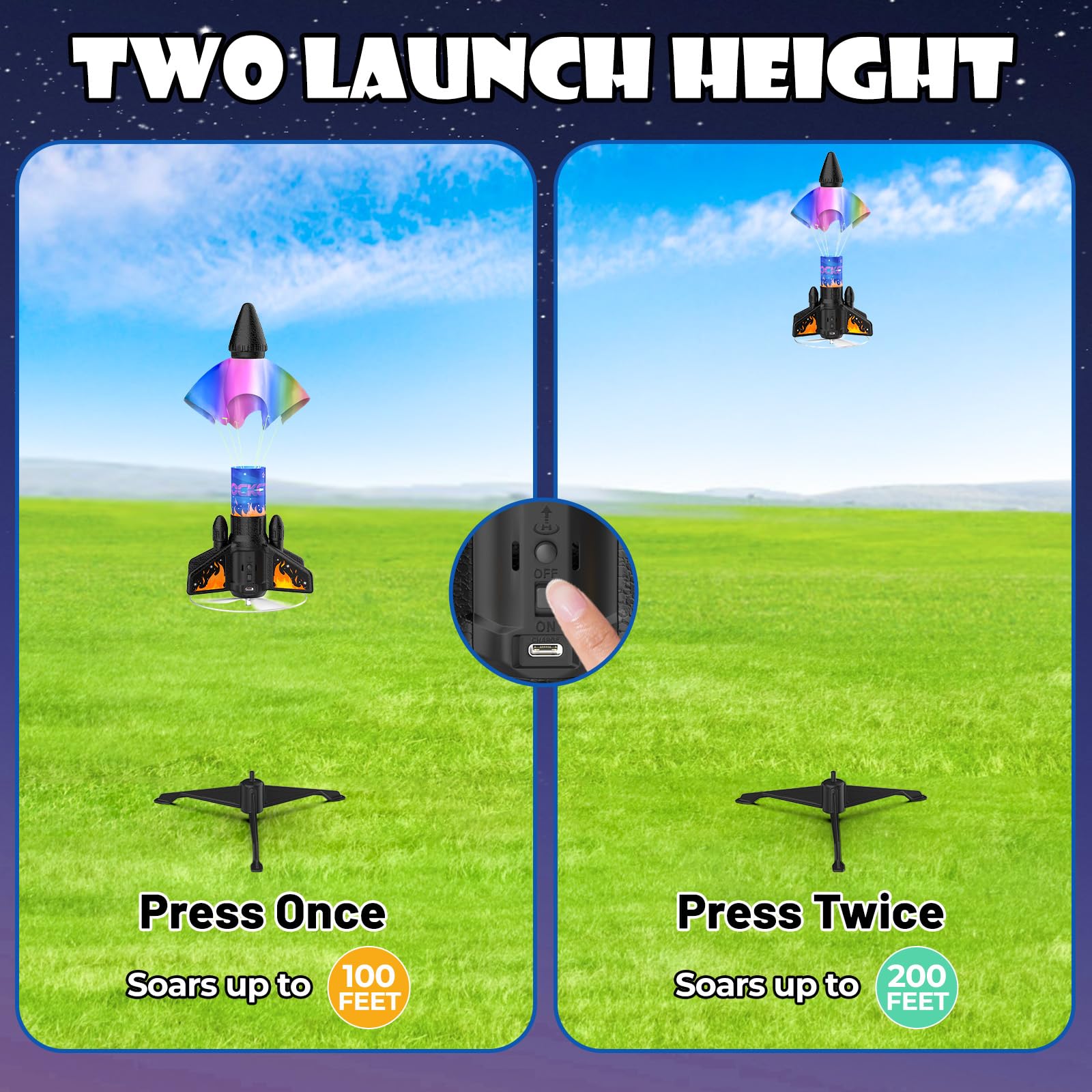 Ovaasy Rocket Launcher for Kids, 200 ft Self Launching Motorized Rocket Toy with LED and Safety Parachute Land, Outdoor Toys Cool Birthday for Boys