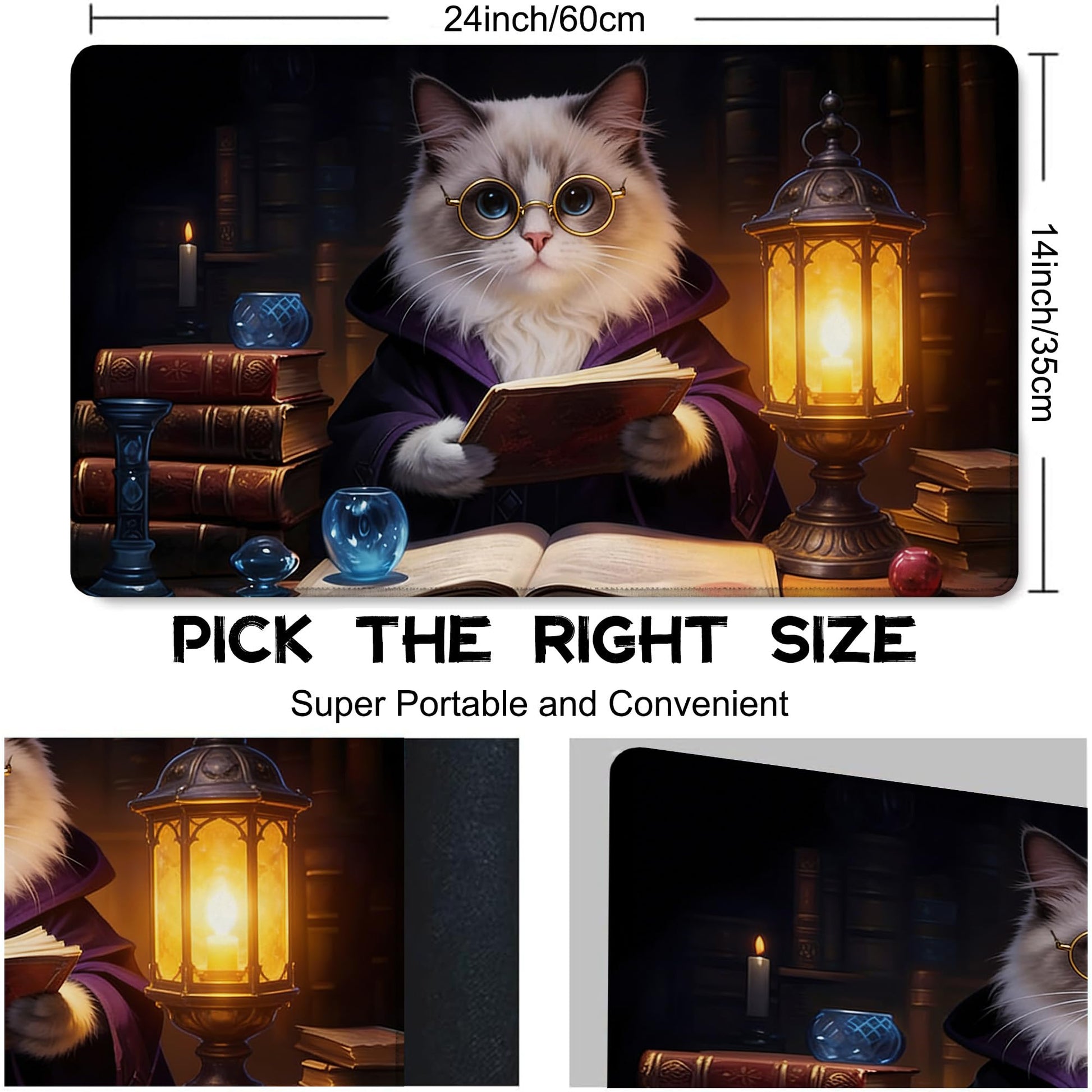 Playmat for MTG Cat Magic Play Mat 24x14 Inch Card Game Mat for Magic The Gathering TCG PTCG Playmat with Free Storage Bags Non-Slip Backing