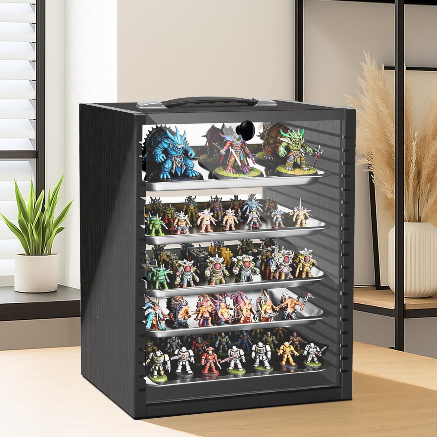 Miniature Storage Case for Collectibles Miniatures, Wooden Miniature Display Cases with 5 Trays, Transparent Front and Back for Better Display