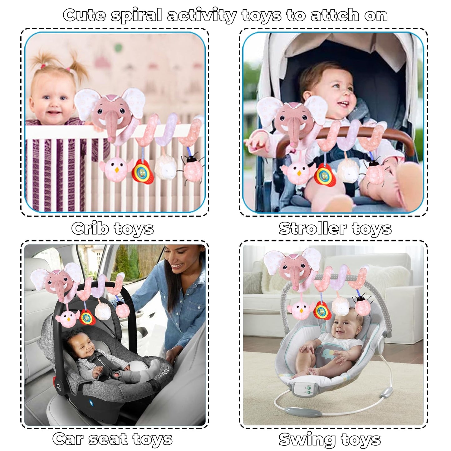 Musical Owl Rattle Sheep Pink Elephant Car Seat Toys for Babies 0-6 Months, Hanging Stroller Toys for Baby Girls 3-6 Month, Newborn Girl Infants Baby