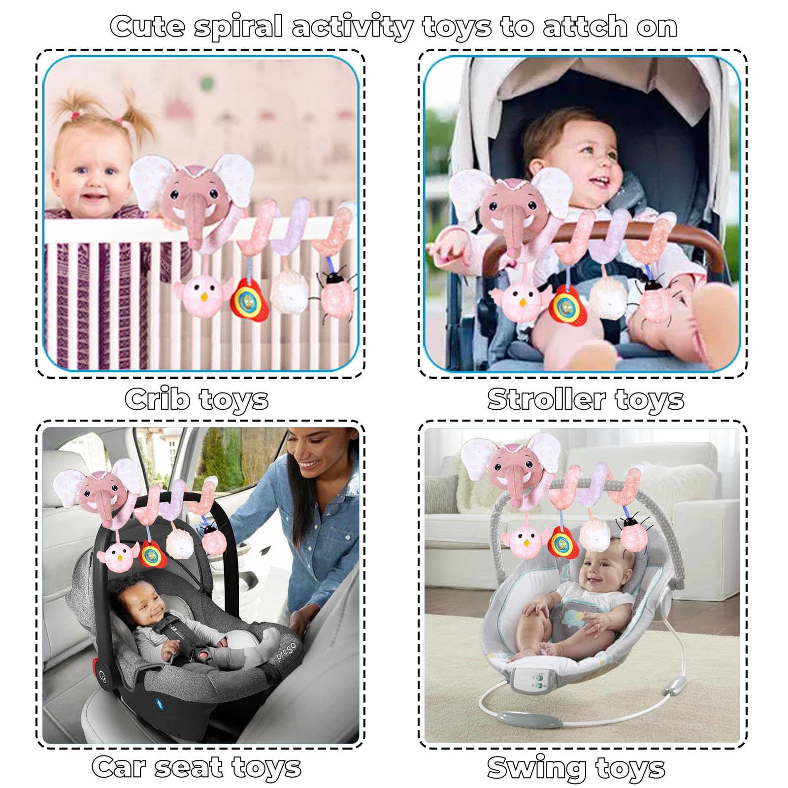 Musical Owl Rattle Sheep Pink Elephant Car Seat Toys for Babies 0-6 Months, Hanging Stroller Toys for Baby Girls 3-6 Month, Newborn Girl Infants Baby