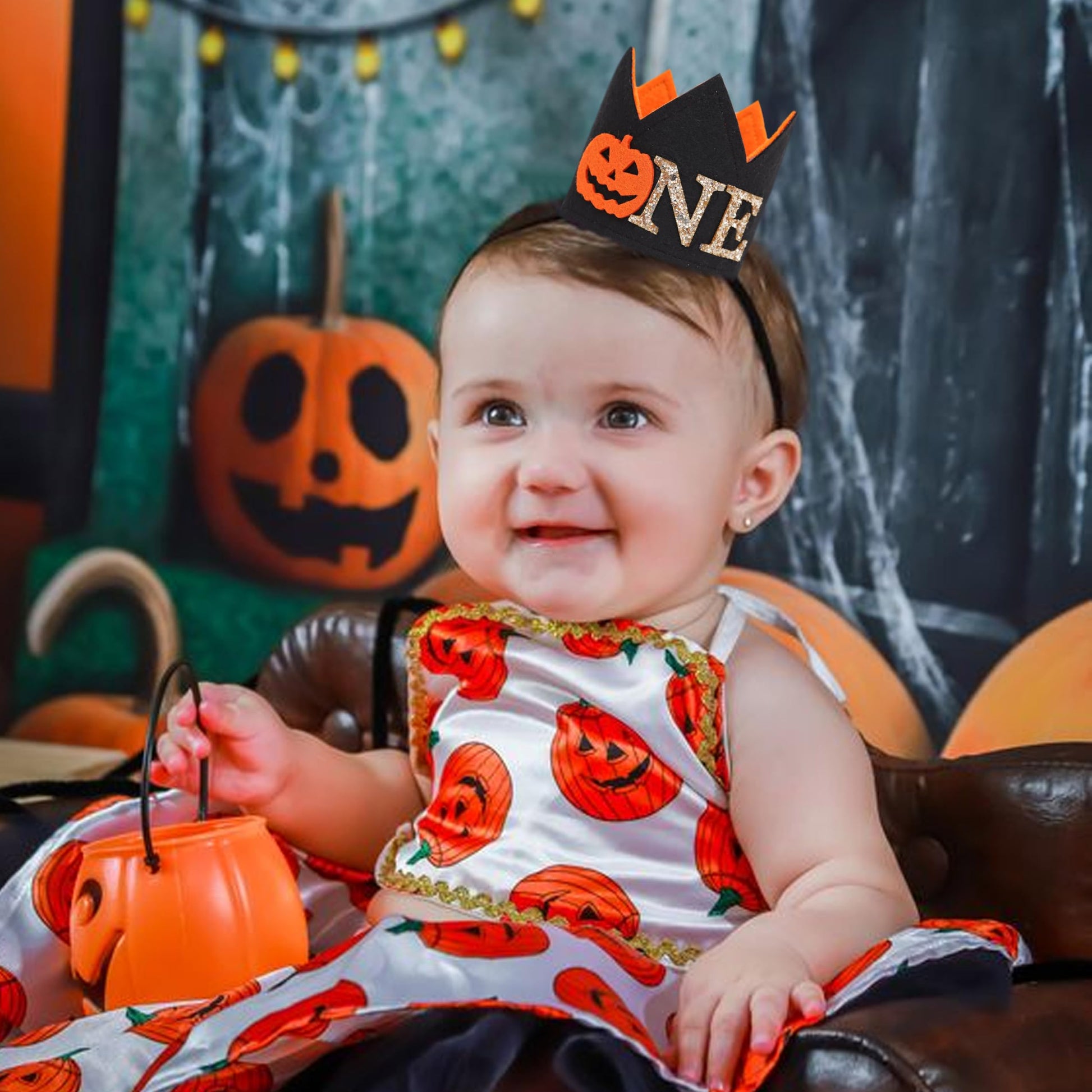 SYESQL Little Pumpkin Birthday Crown - Pumpkin Birthday Hat, Ghost Witch One Birthday (Pumpkin 1st Birthday Crown Black)