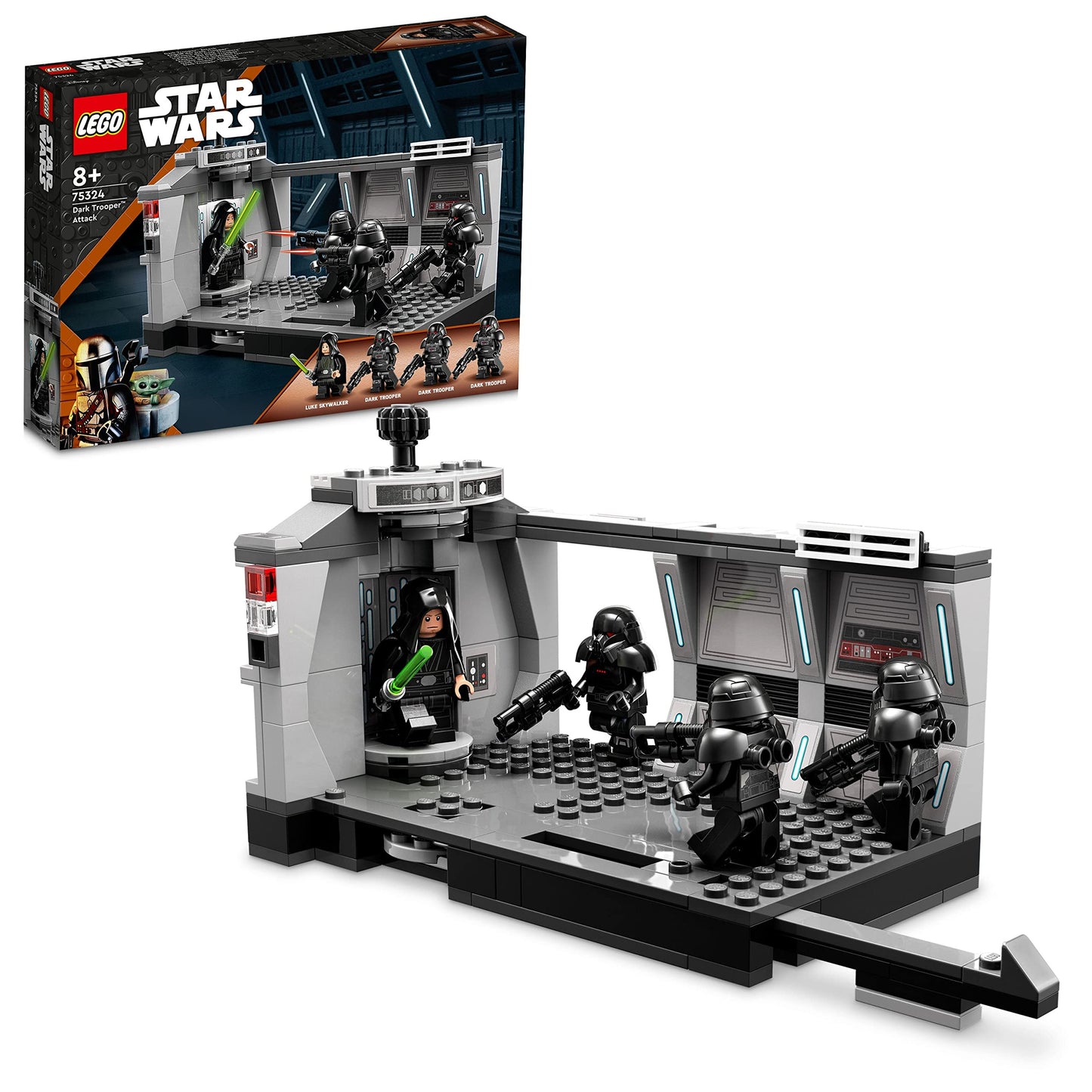 LEGO Star Wars Dark Trooper Attack Set, Mandalorian Building Toy 75324, with Revolving Elevator, Luke Skywalker Minifigure and Lightsaber, Pretend