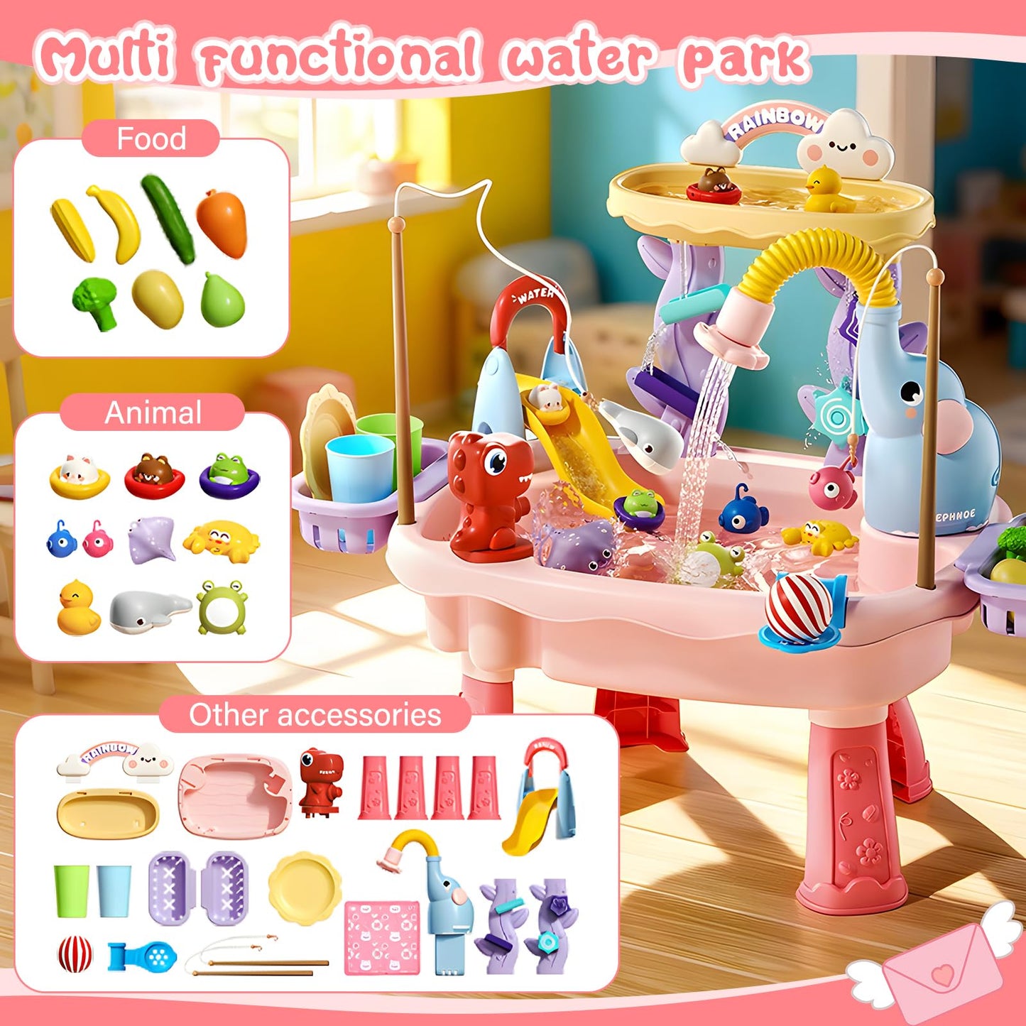 NOPROB 2027 Upgraded Toddlers 1-3 Water Table with Electric Pump, Kids Water Table with Faucet Play Food Accessories Fishing Toy, Kitchen Play Sink