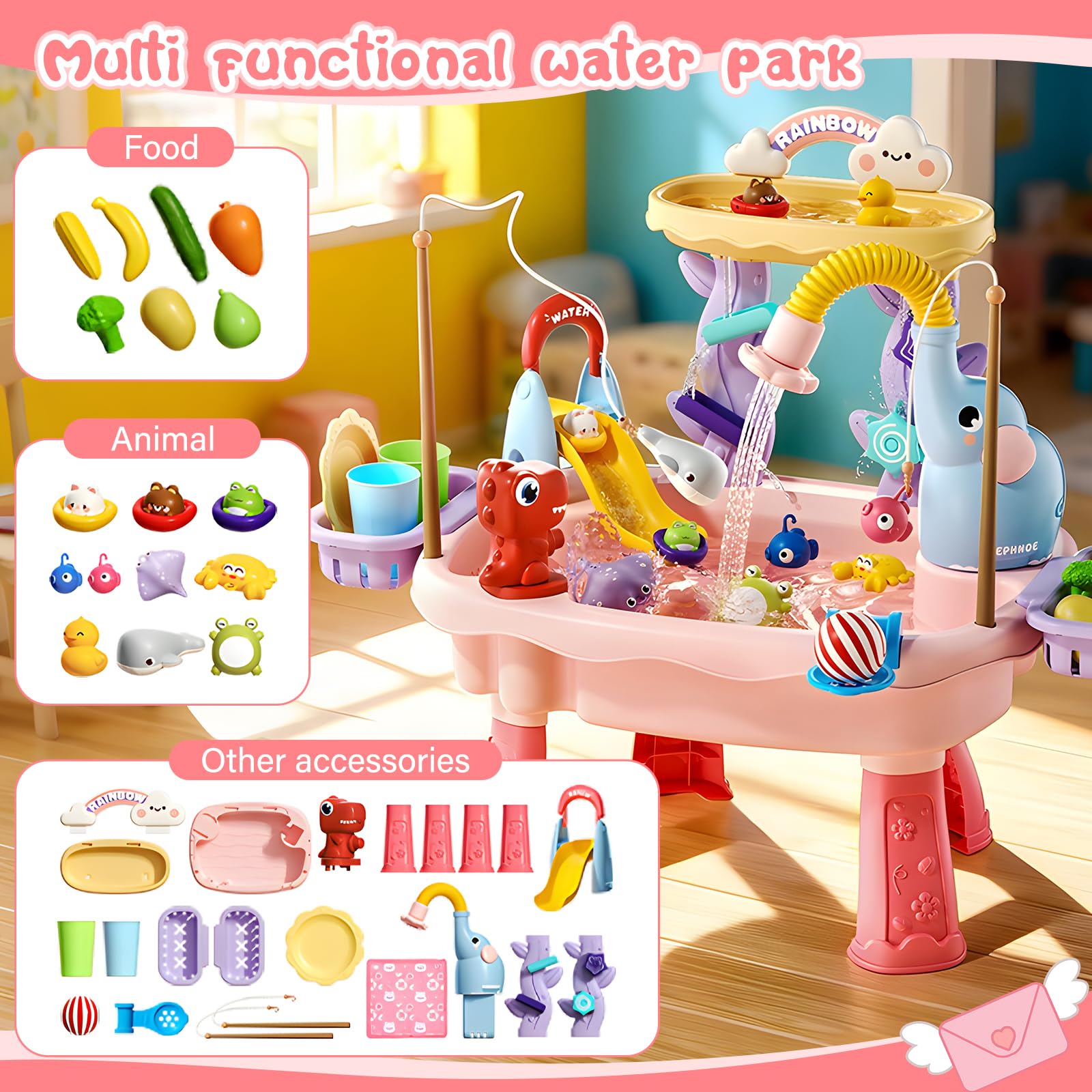 NOPROB 2027 Upgraded Toddlers 1-3 Water Table with Electric Pump, Kids Water Table with Faucet Play Food Accessories Fishing Toy, Kitchen Play Sink