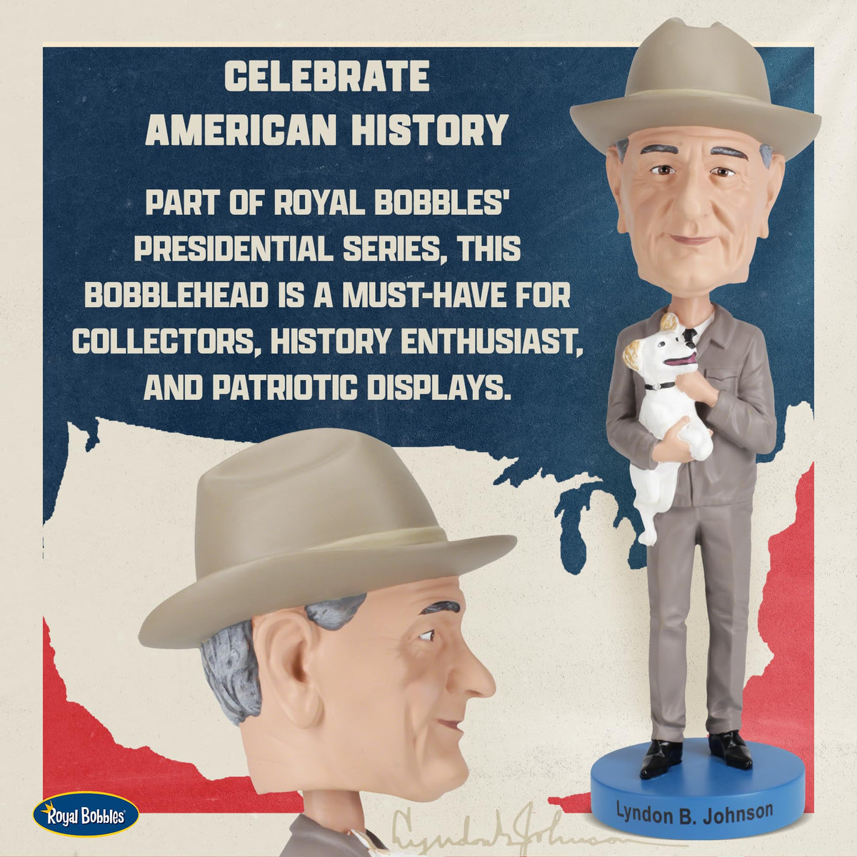 Royal Bobbles Lyndon B. Johnson “LBJ”, 36th President of the United States - American History Collection - 8.5 Inches Tall - Collectible Bobblehead