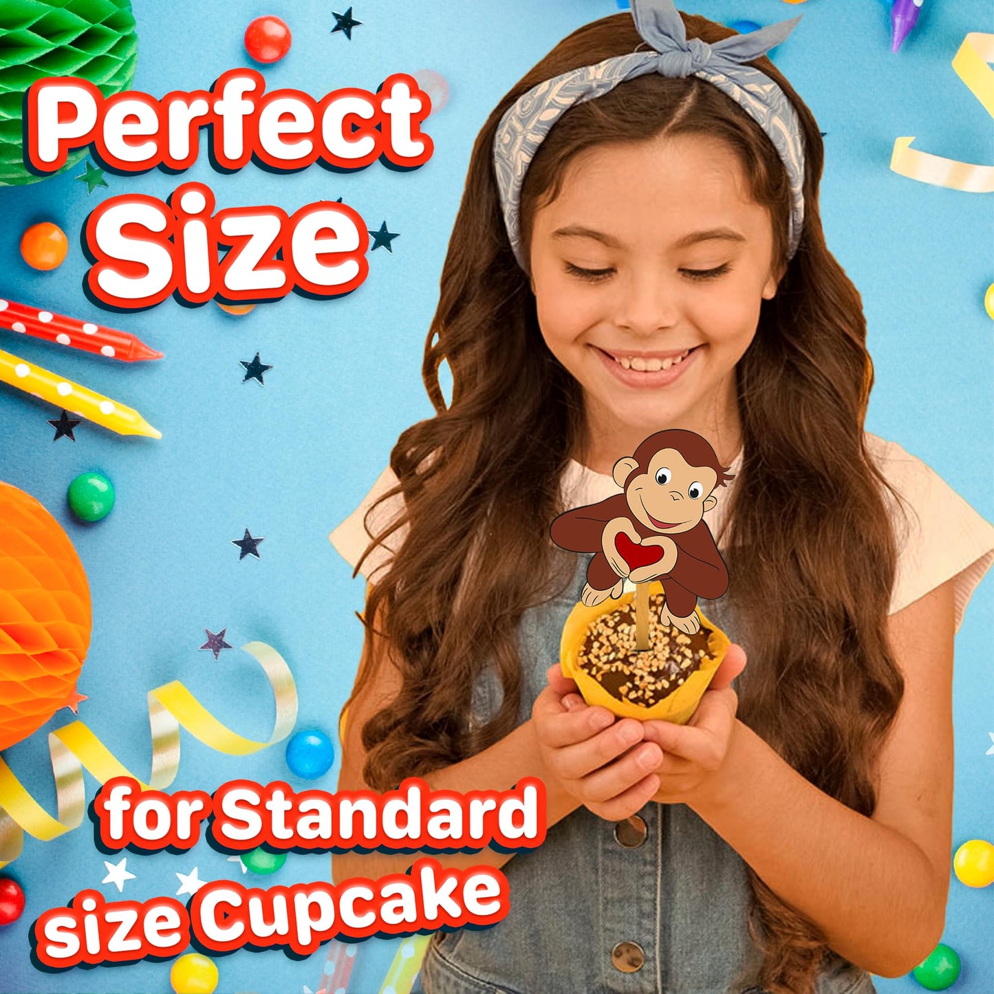 24x Curious Monkey Cupcake Toppers - Strong Picks Happy Birthday Décor, Cupcake Decorations for Kids Birthdays
