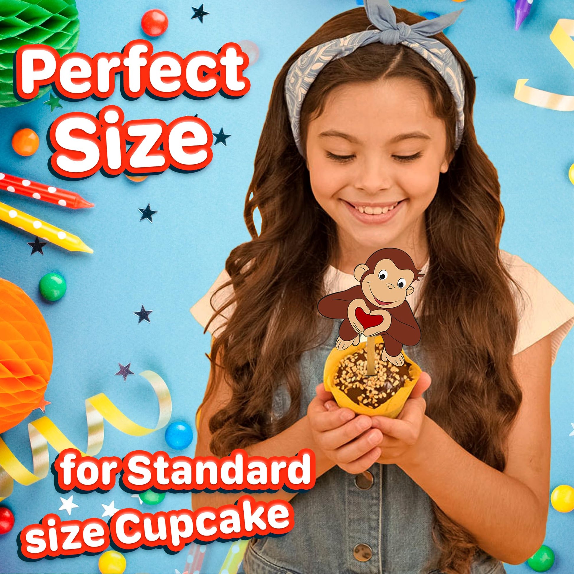 24x Curious Monkey Cupcake Toppers - Strong Picks Happy Birthday Décor, Cupcake Decorations for Kids Birthdays