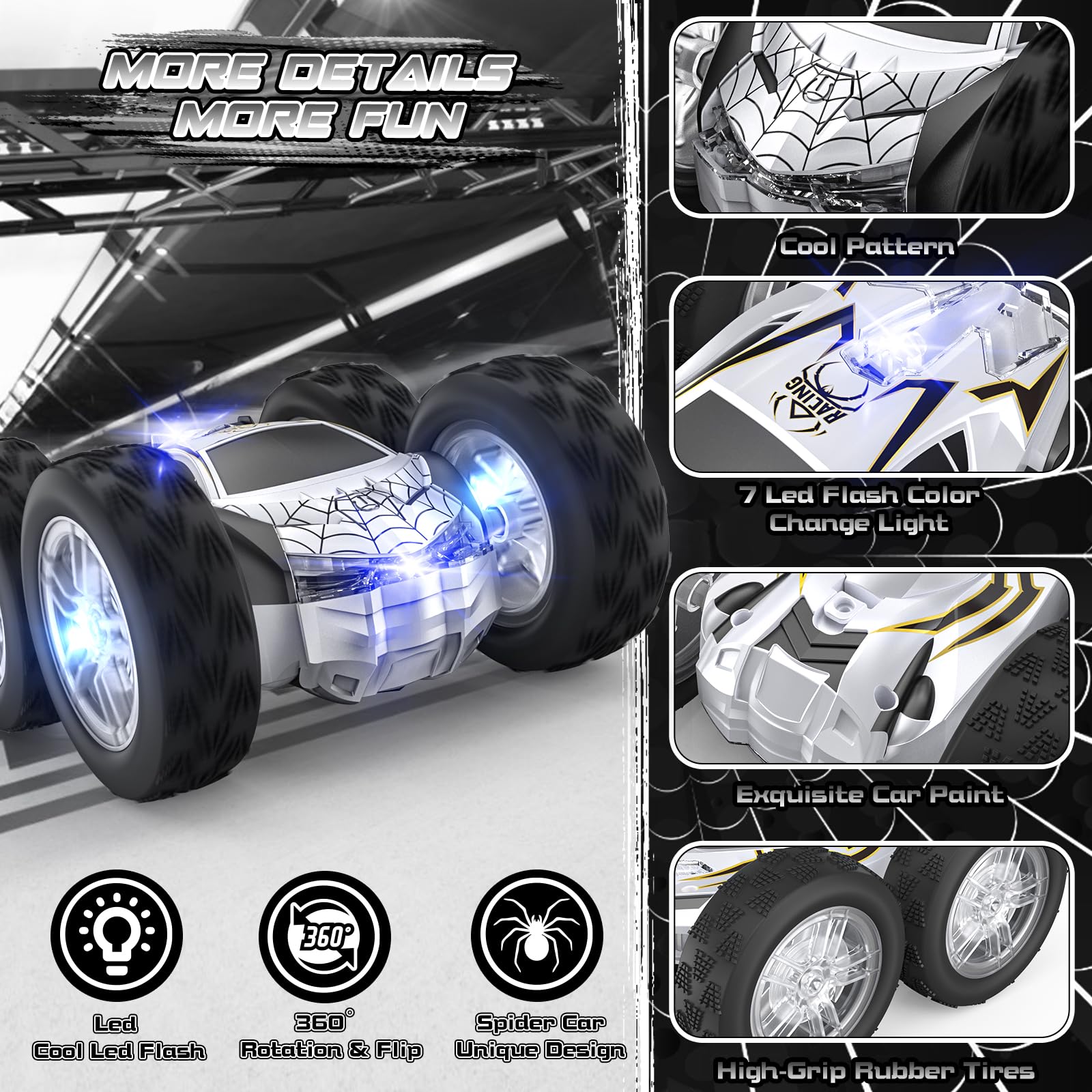 Double Sided Remote Control Car for Kids Boys 4-7, Spider RC Flip Stunt Car with Changeable Lights, Easter Birthday Gift for 3 4 5 6 7 8 9 Year Old