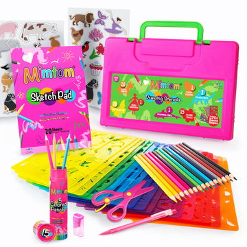 Mimtom Drawing Stencil Kit for Kids, 60 PC Art Set with 370+ Shapes, Sketch Pad, and Colored Pencils for DIY Arts and Crafts for Boys and Girls, Draw