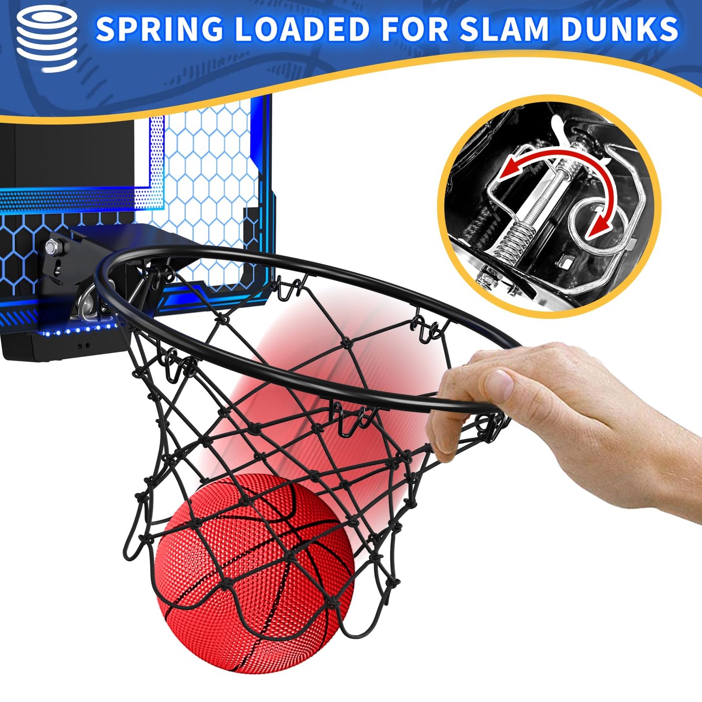 HYES Mini Basketball Hoop Indoor with 7 LED Lighting/Scoreboard, Blue