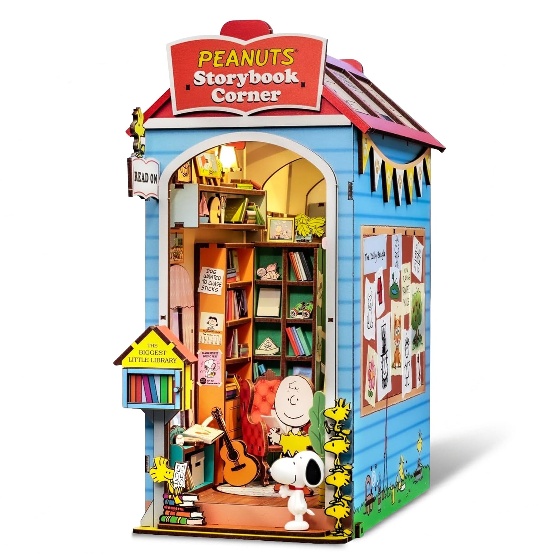 Hands Craft Peanuts Storybook Corner Book Nook Kit with Snoopy Figurine - Touch-Sensitive LED Light-Up House, 3D Wooden Puzzle - Bookshelf Diorama