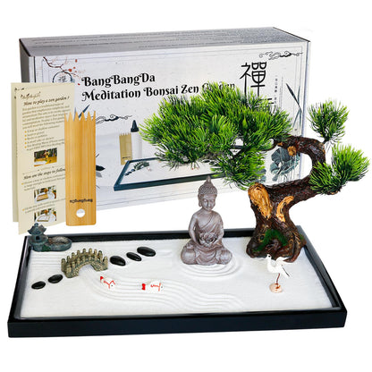 BangBangDa Japanese Zen Garden Kit for Desk - Meditation Rock Sand Garden for Birthday Gift Office Home Desktop Relaxation Decor Bamboo Rakes Bonsai