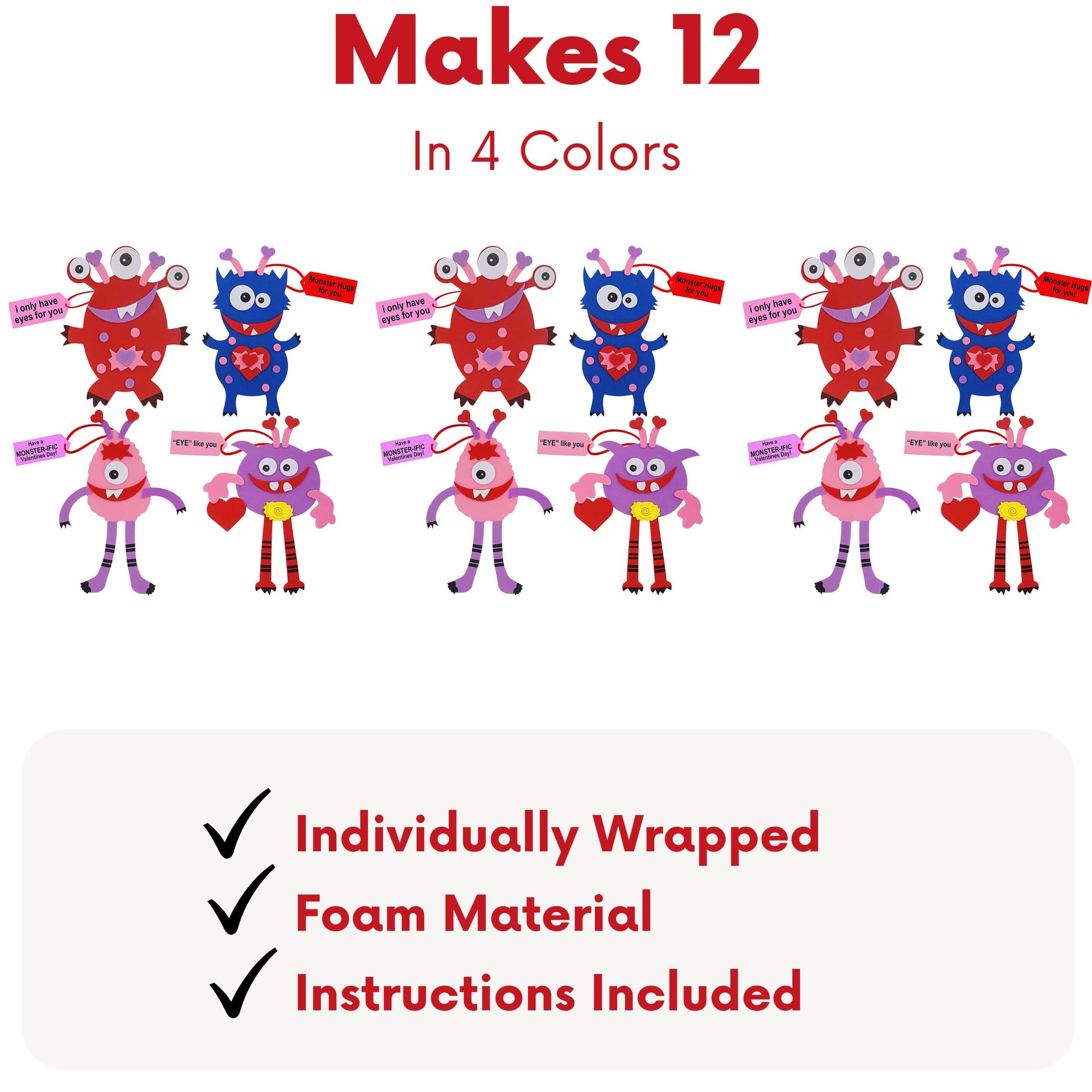 4E's Novelty Valentines Monster Craft Ornament (12 Pack) Foam Valentines Day Crafts for Kids Classroom DIY Valentines Day Card for Kids Bulk