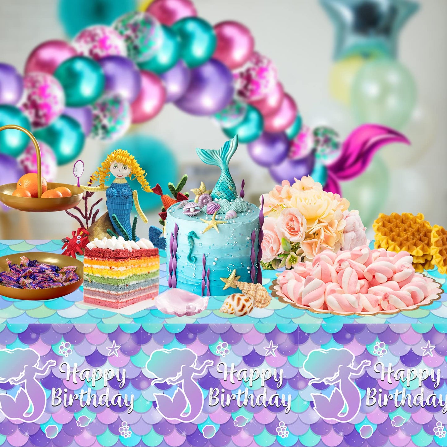 1 Pcs Mermaid Tablecloth-Happy Birthday Mermaid Table Cover, Disposable Plastic Rectangle Ocean Under The Sea Mermaids Table Cloth for Mermaids