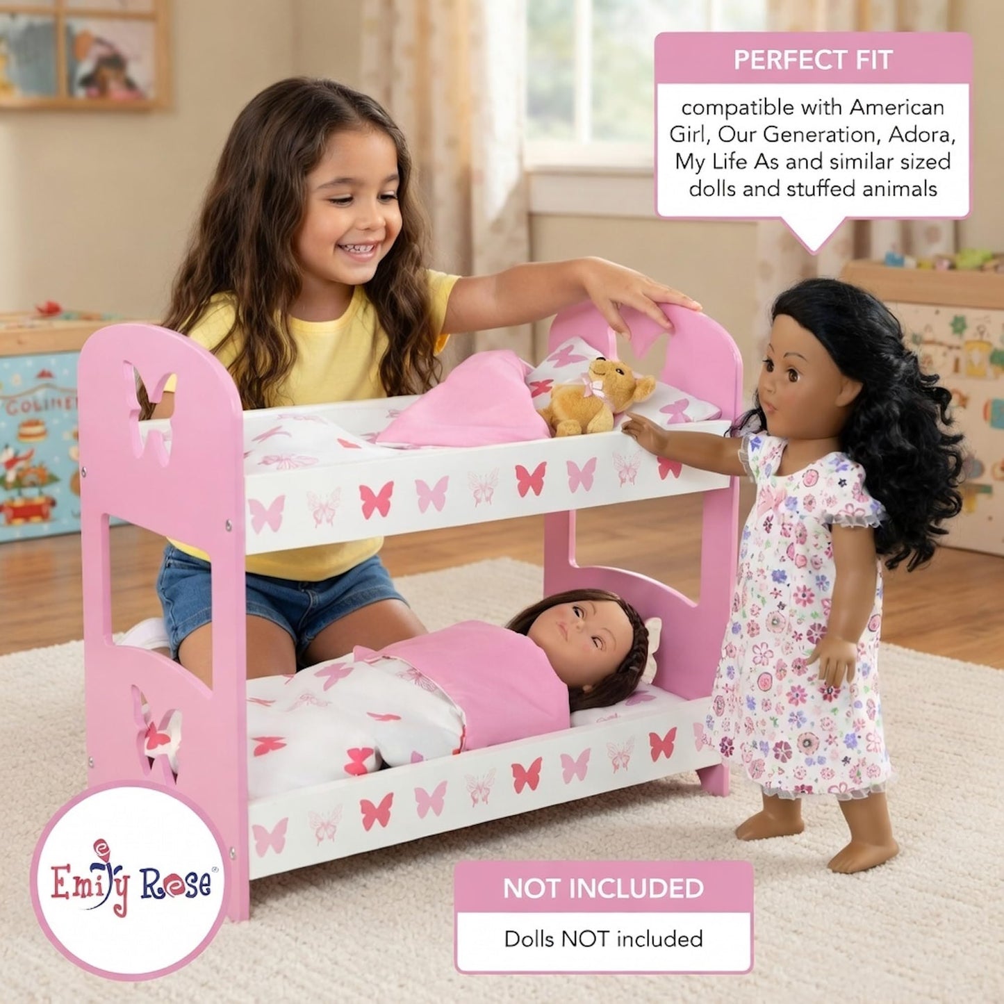 Emily Rose 18” Doll Double Bunk Bed w/Reversible Bedding - Pink Butterfly