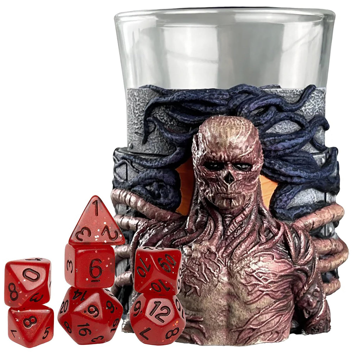 Sirius Dice Stranger Things Mini Dice Cup - Vecna - 7pc Red & Black Polyhedral Set, Detailed Character Sculpt On Glass Cup, Collectible RPG