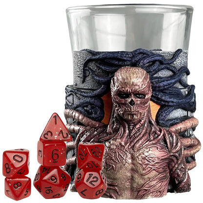 Sirius Dice Stranger Things Mini Dice Cup - Vecna - 7pc Red & Black Polyhedral Set, Detailed Character Sculpt On Glass Cup, Collectible RPG