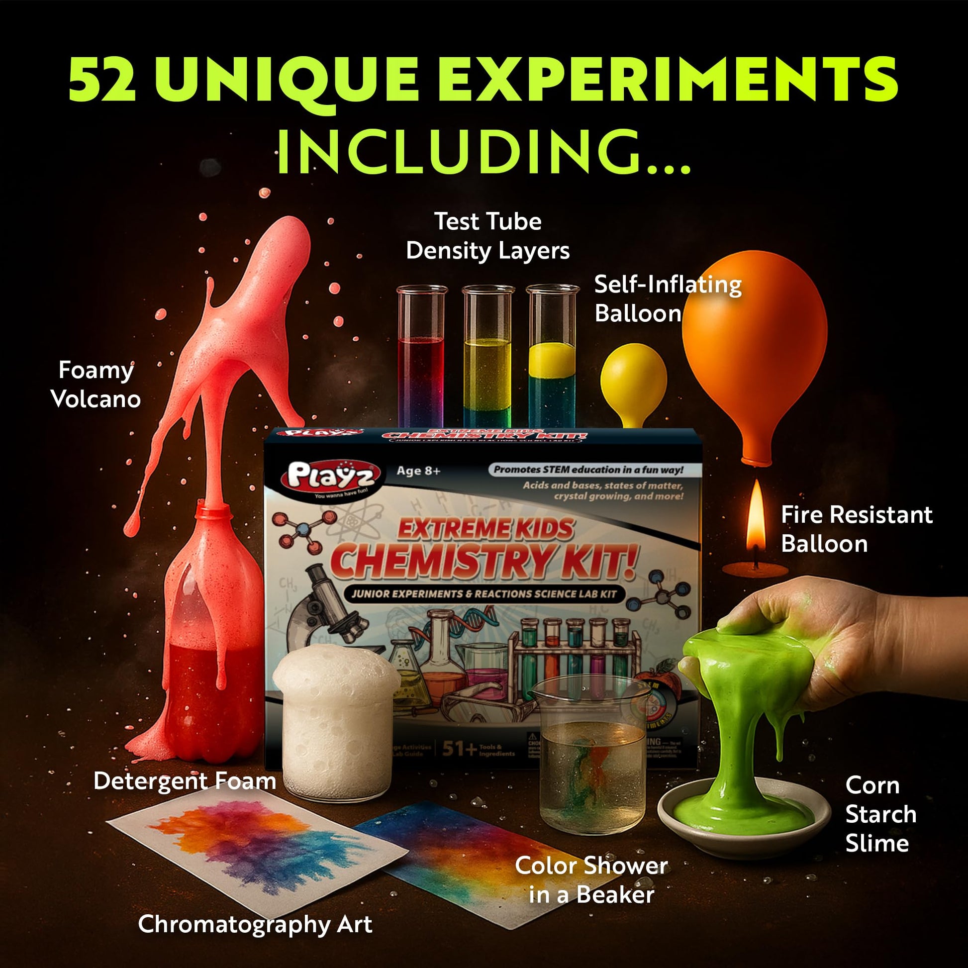 Playz Extreme Chemistry Set - 52 Unique Experiments, Science Kits for Kids Age 8-12, Lab Gear, Volcano Project, Learning Tools, Fair Activity