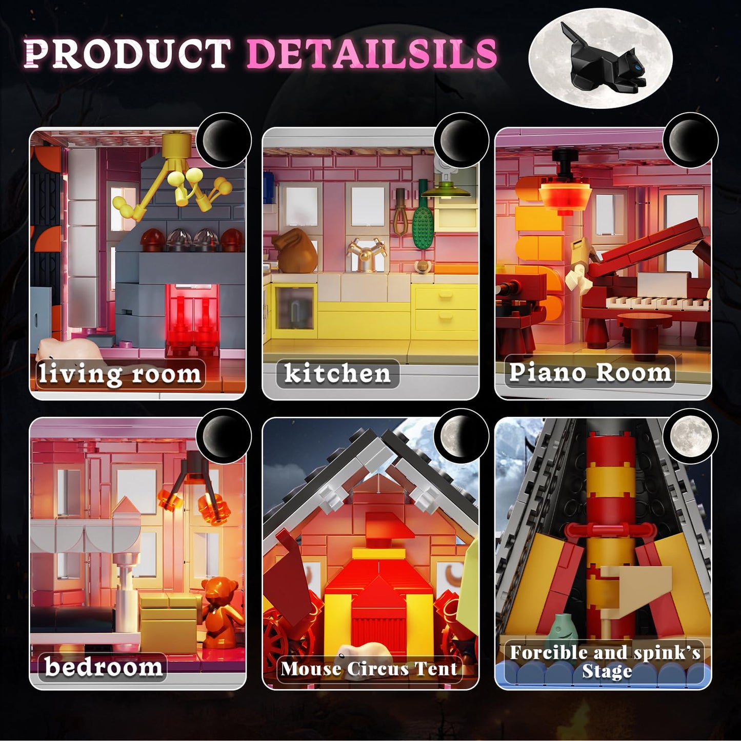 Pink Palace House Building Set with Lights, Halloween Haunted House Blocks Toy, Halloween House Kit for Kids Adults, Compatible with Lego, Christmas