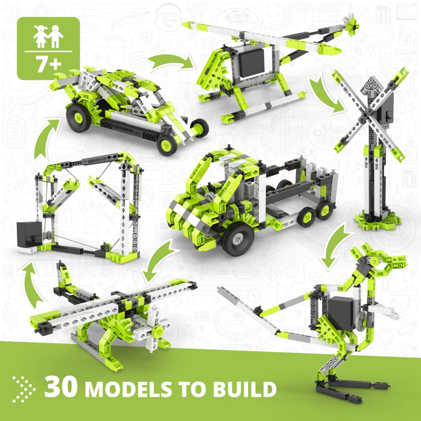 Engino Inventor - 30-IN-ONE |BUILD 30 Motorized Models | Assemble Drag Racer, Drawbridge, Truck , T-Rex, Helicopter, Elevator and so much more | STEM