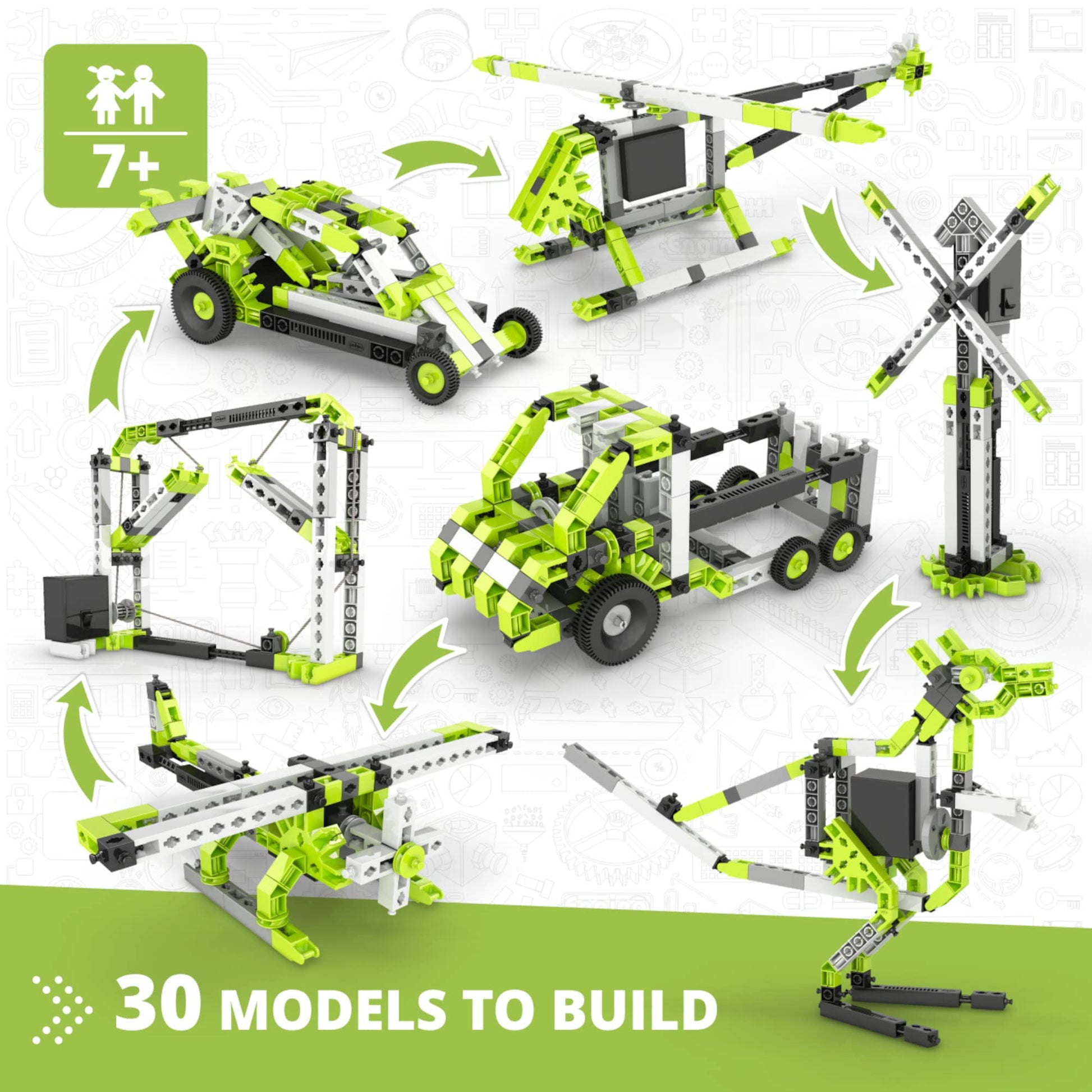 Engino Inventor - 30-IN-ONE |BUILD 30 Motorized Models | Assemble Drag Racer, Drawbridge, Truck , T-Rex, Helicopter, Elevator and so much more | STEM