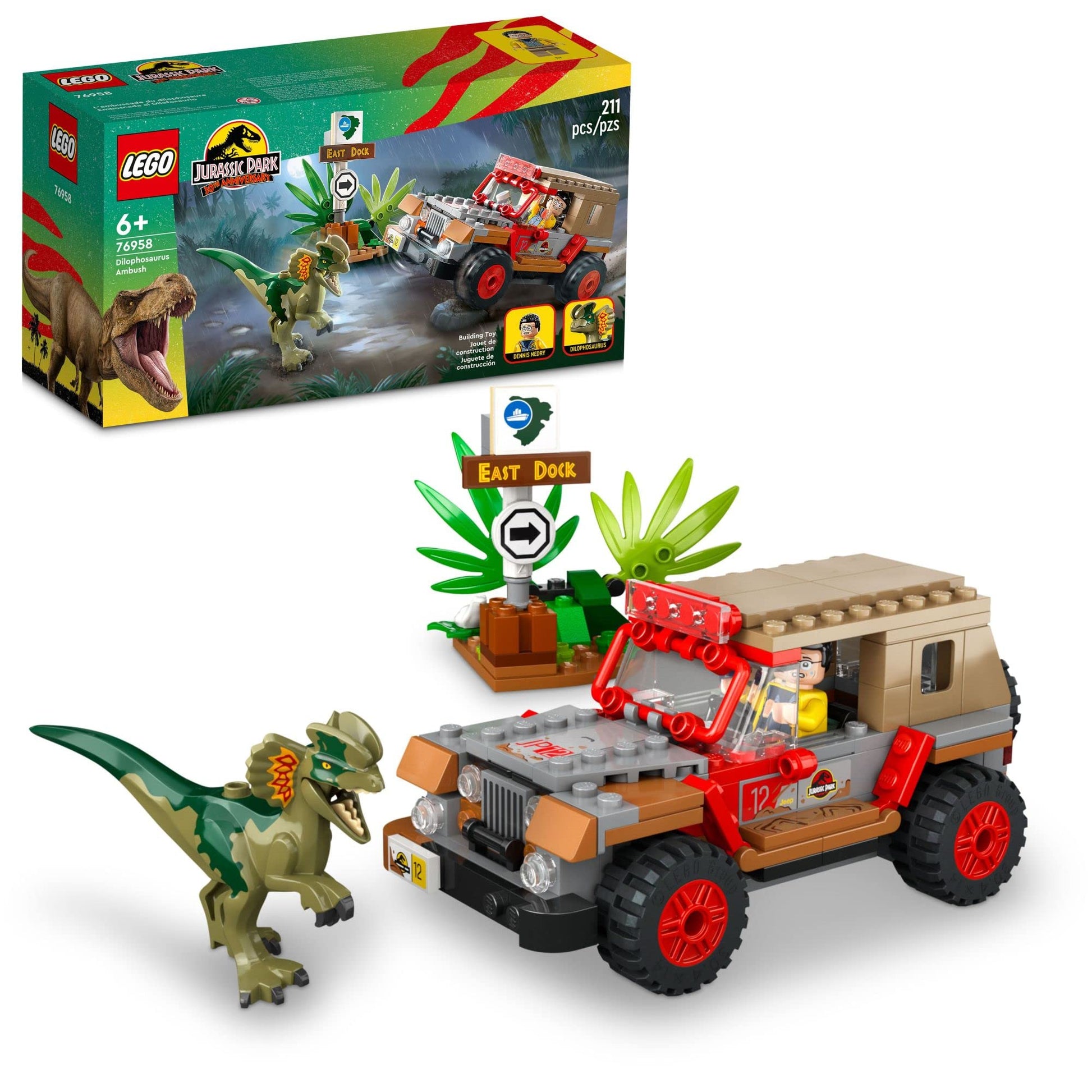 LEGO Jurassic Park Dilophosaurus Ambush 76958 Building Toy Set for Jurassic Park 30th Anniversary, Dinosaur Toy with Dino Figure and Jeep Car Toy