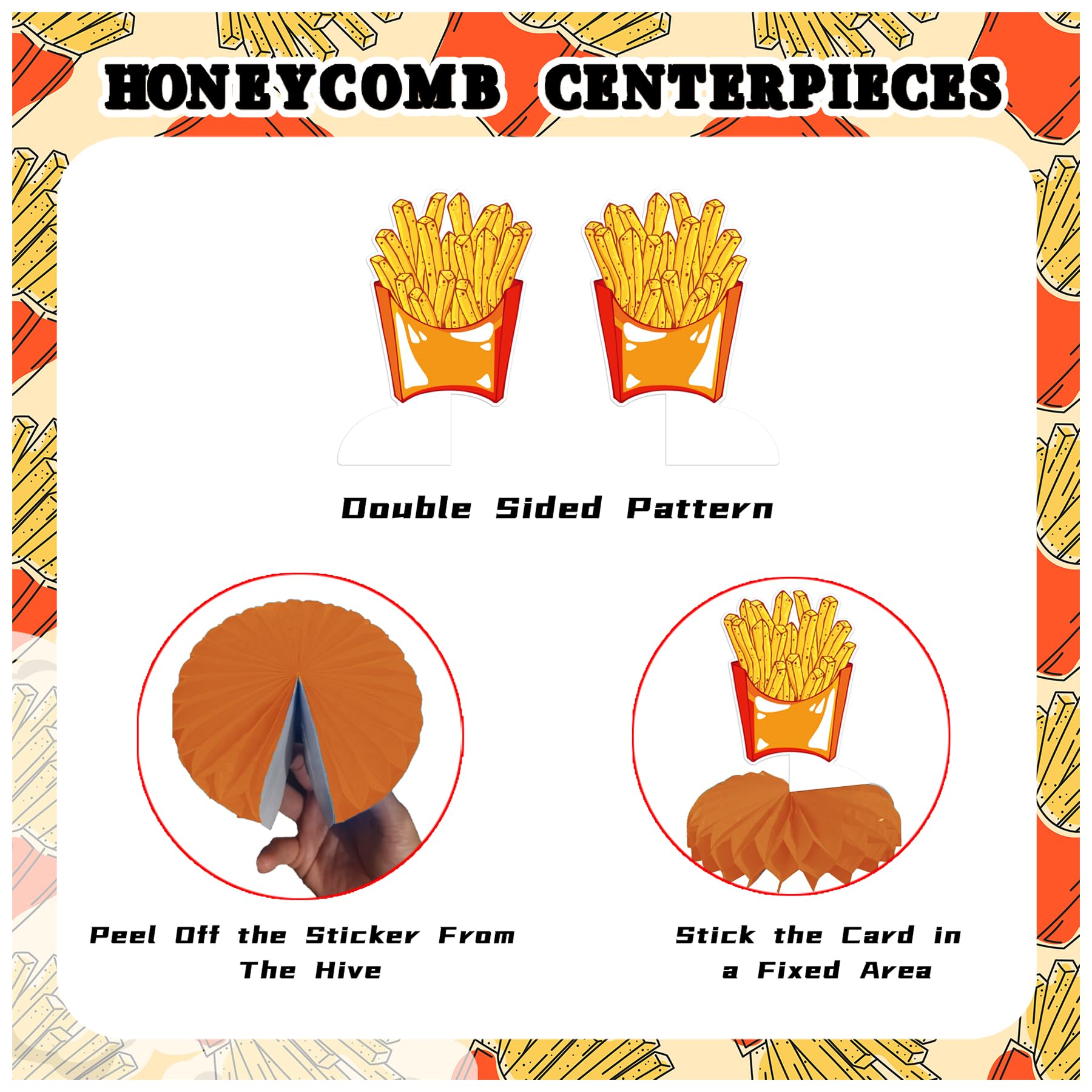 9 PCS French Fries Table Decorations Honeycomb Centerpiece, French Fries Centerpieces Table Topper for Fast Food French Fries Party Decorations