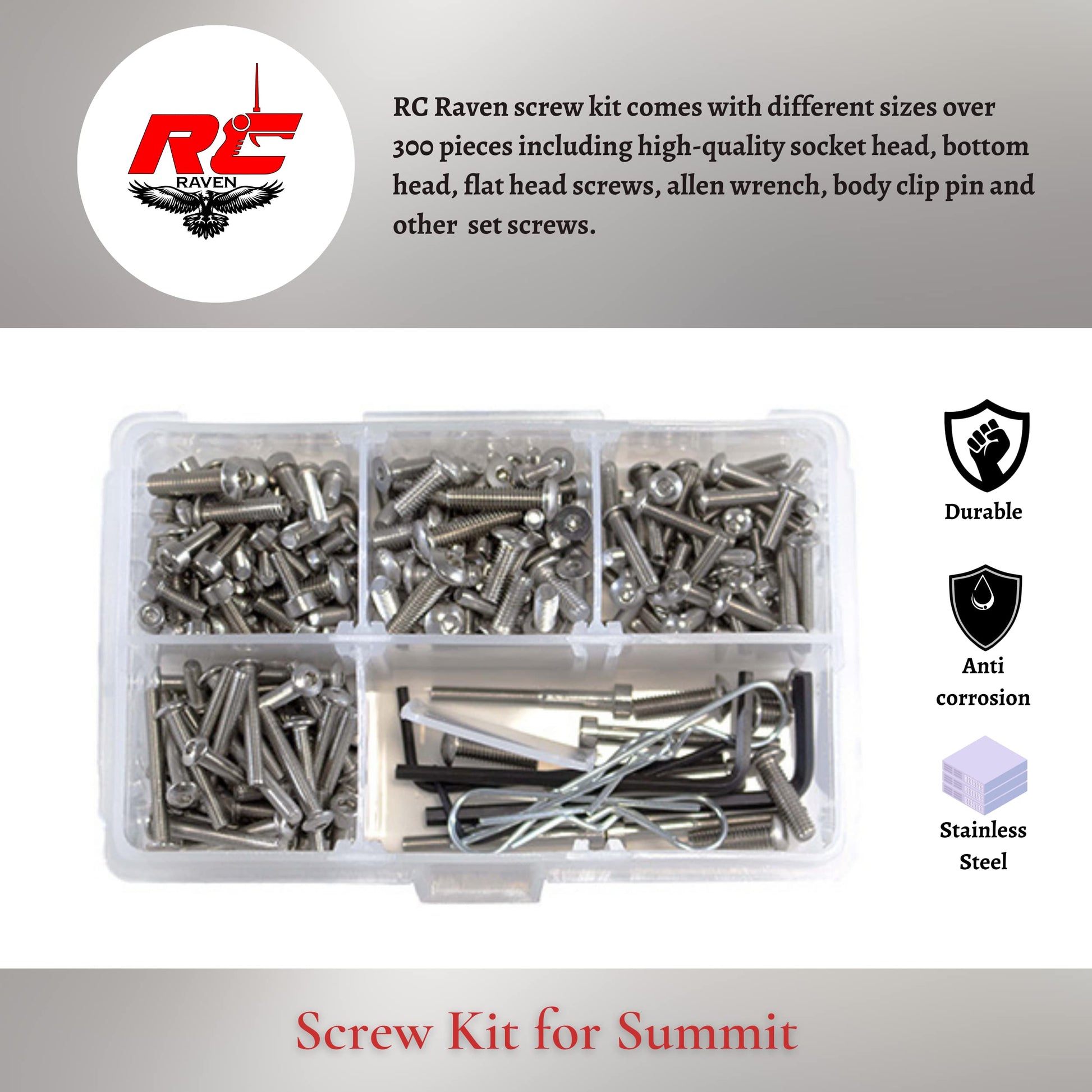 RC Raven RC Screw Kit for Summit with Over 300 Pieces Stainless Steel RC Car Tool Kit Including Head Screws, nyloc Nuts, Plain Nuts, washers and Set