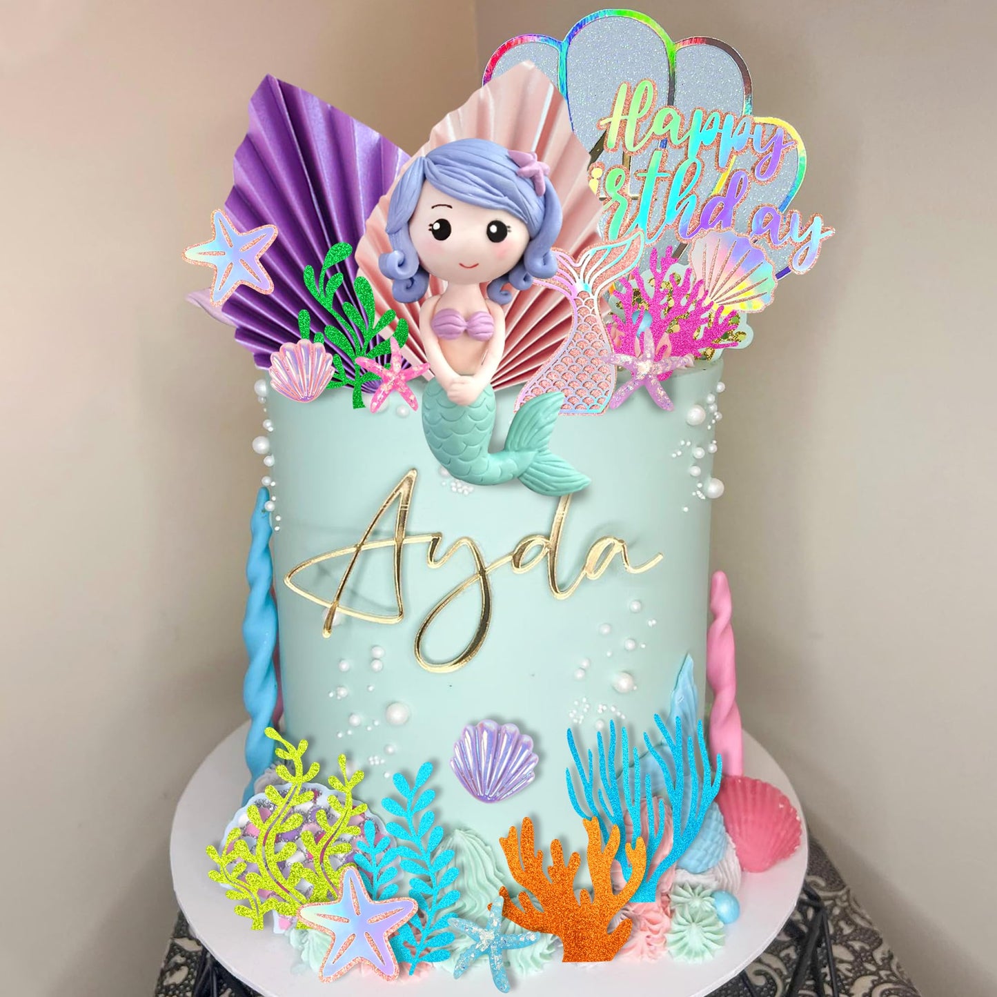 20 PCS Mermaid Cake Toppers with 3D Mermaid Seaweed Folding Fans Shell Starfish Cake Decorations (STYLE1)